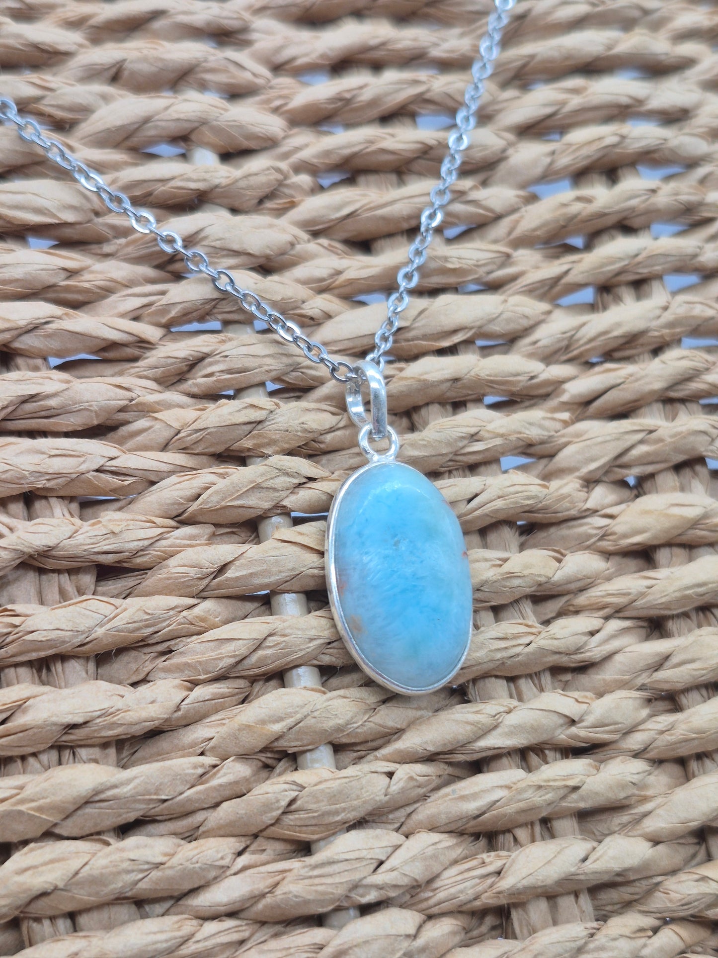 Larimar Silver 925 Oval Necklace – Larimar Pendant in Silver Bezel with Stainless Steel Chain