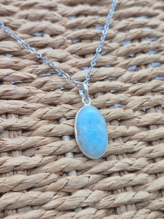 Larimar Silver 925 Oval Necklace – Larimar Pendant in Silver Bezel with Stainless Steel Chain
