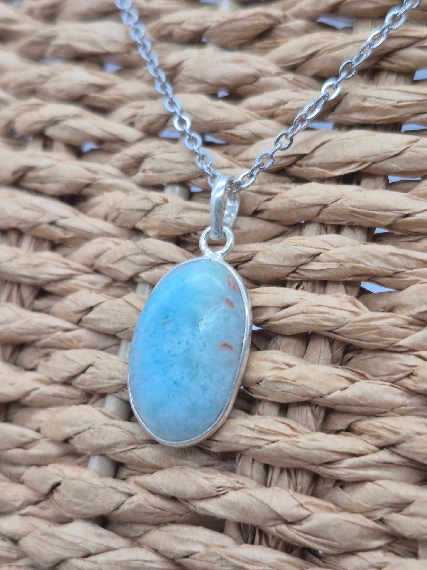 Larimar Silver 925 Oval Necklace – Larimar Pendant in Silver Bezel with Stainless Steel Chain