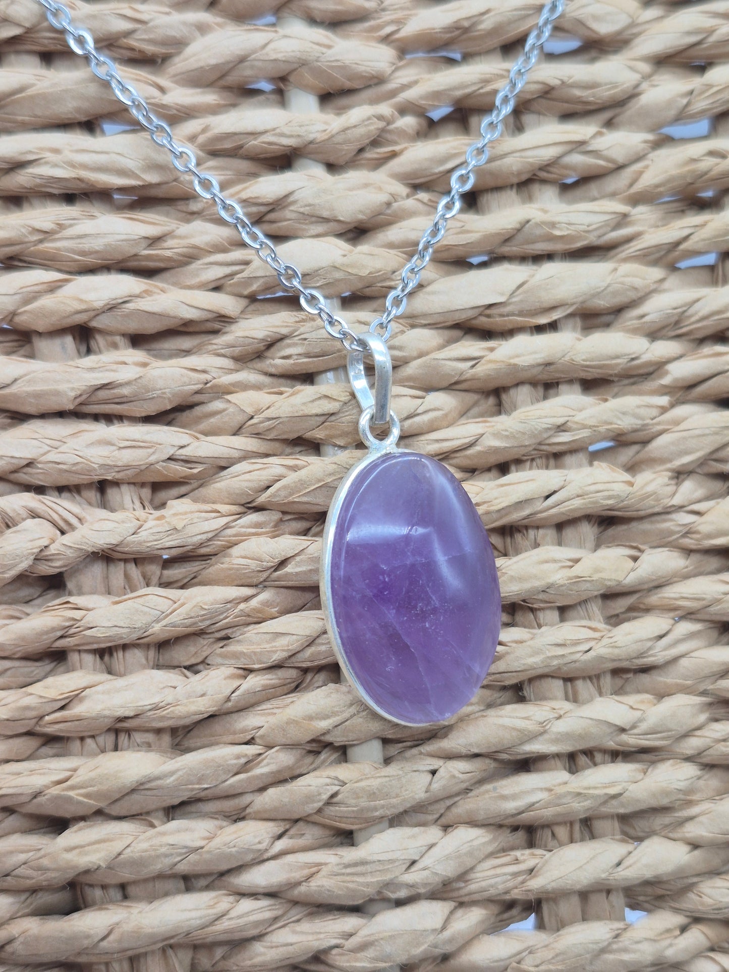 Amethyst Silver 925  Oval Pendant - Cabochon Crystal Necklace