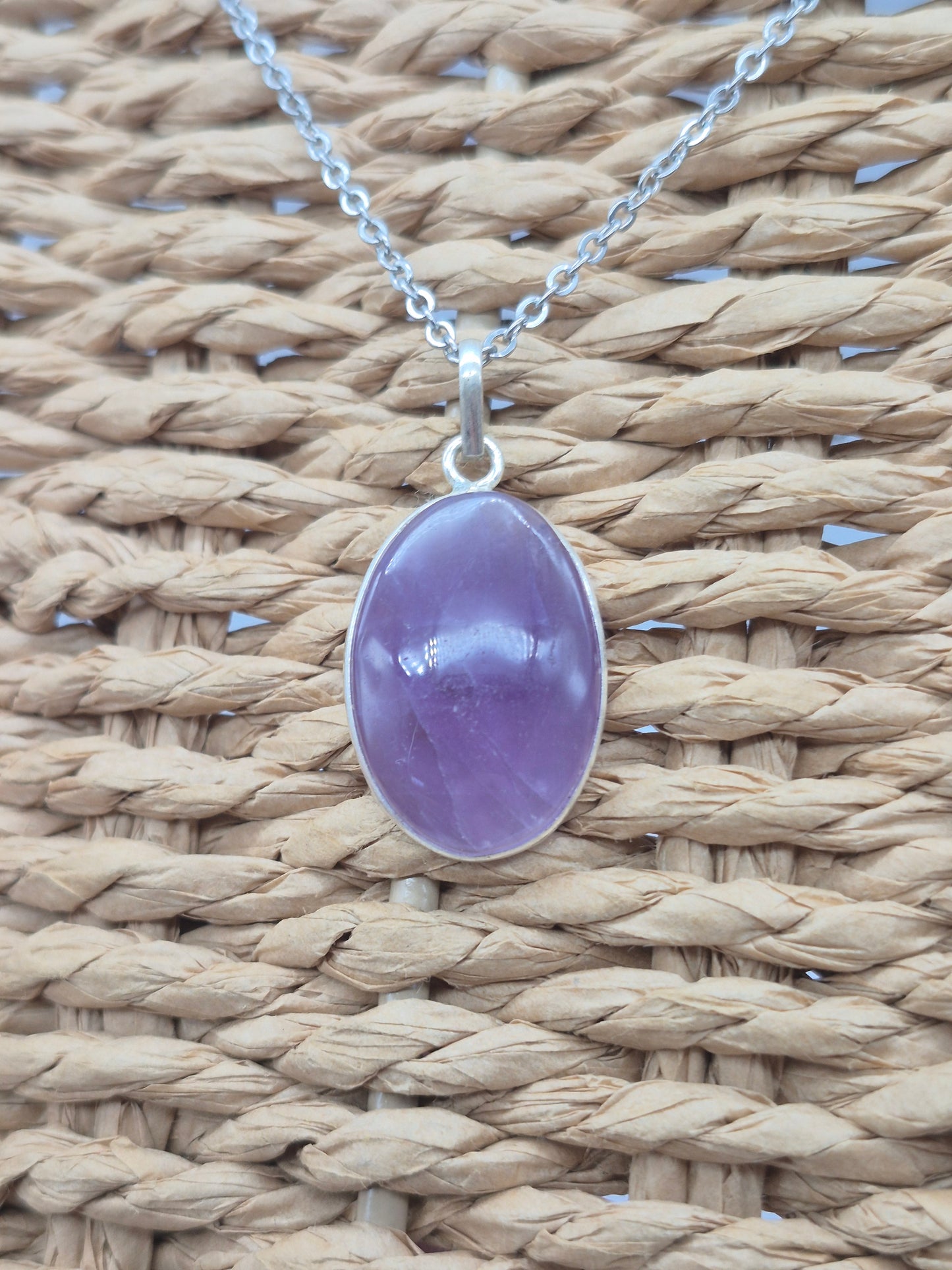 Amethyst Silver 925  Oval Pendant - Cabochon Crystal Necklace