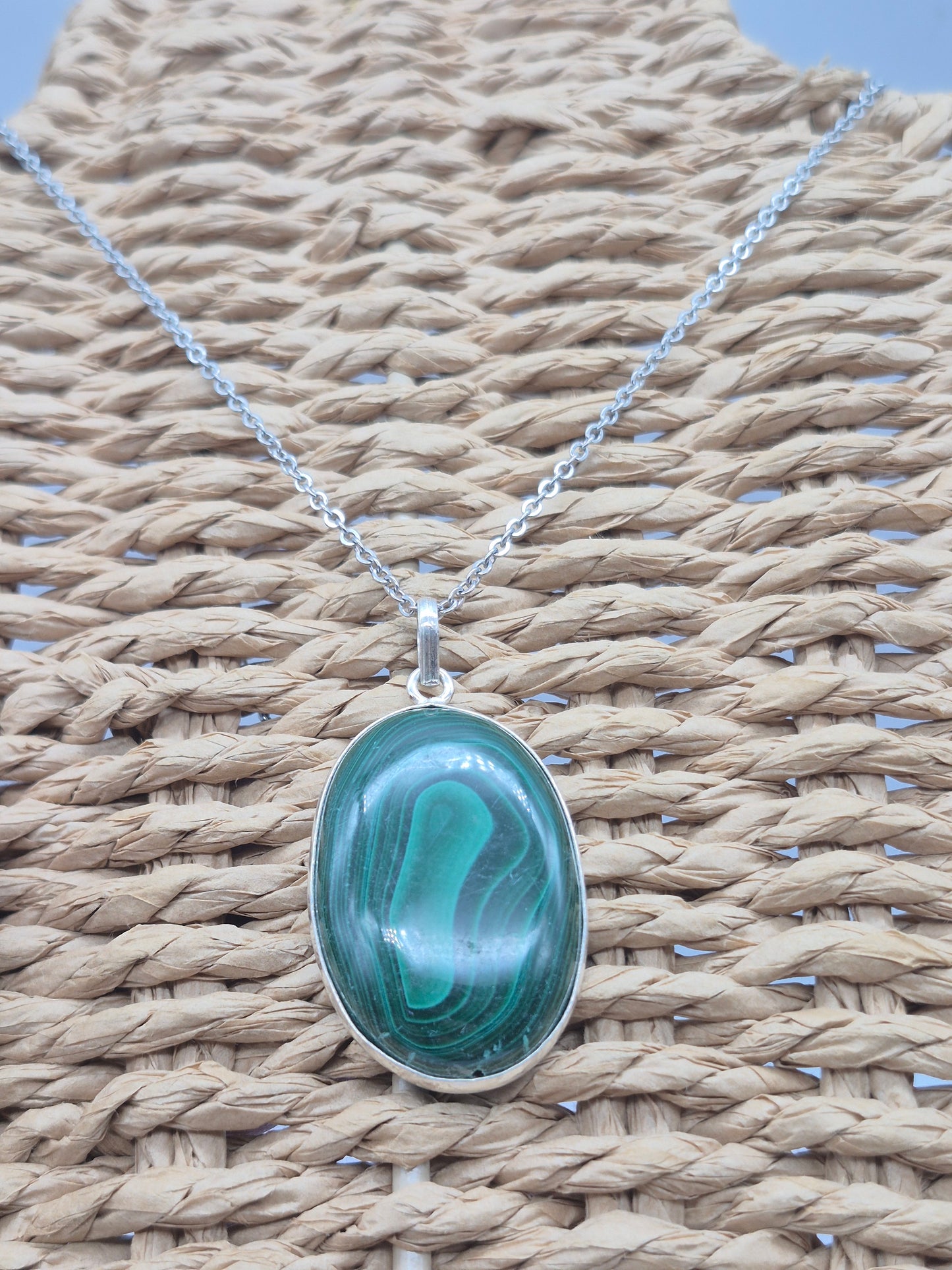 Malachite Crystal Oval Shaped Silver 925 Necklace