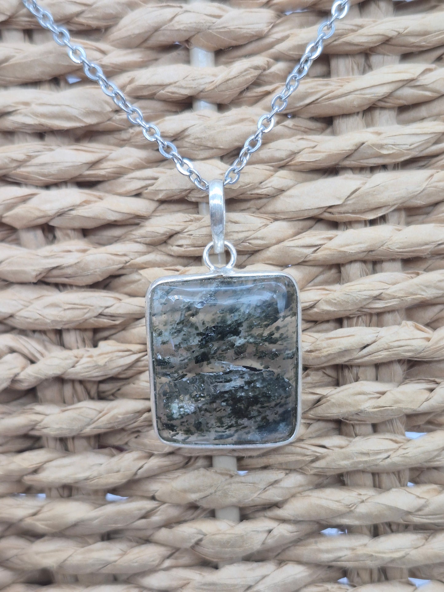 Clear Quartz with Green Tourmaline Inclusions Crystal Silver 925 Necklace