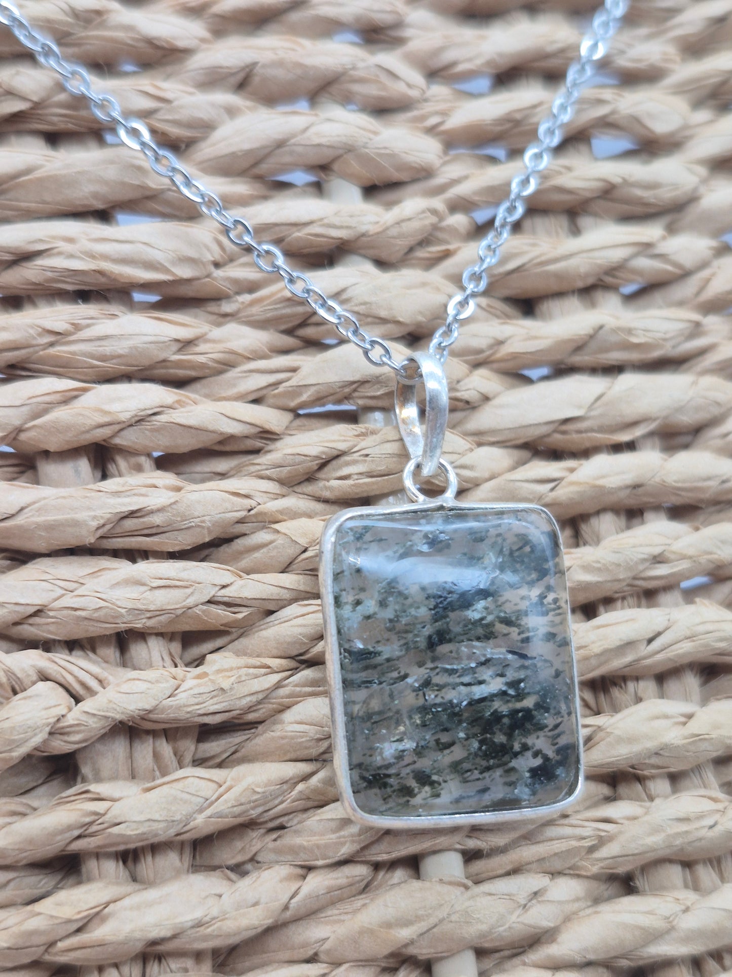 Clear Quartz with Green Tourmaline Inclusions Crystal Silver 925 Necklace