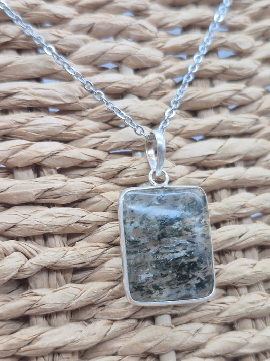 Clear Quartz with Green Tourmaline Inclusions Crystal Silver 925 Necklace