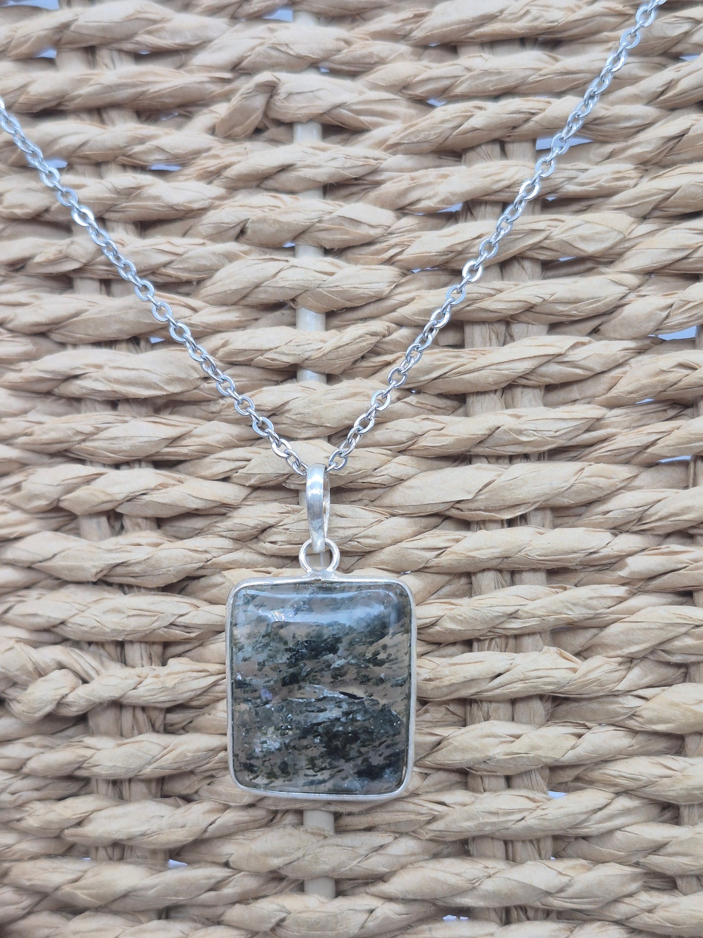 Clear Quartz with Green Tourmaline Inclusions Crystal Silver 925 Necklace