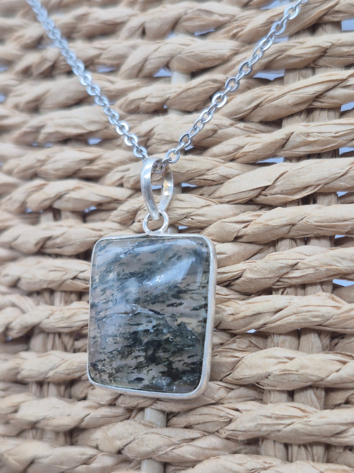 Clear Quartz with Green Tourmaline Inclusions Crystal Silver 925 Necklace
