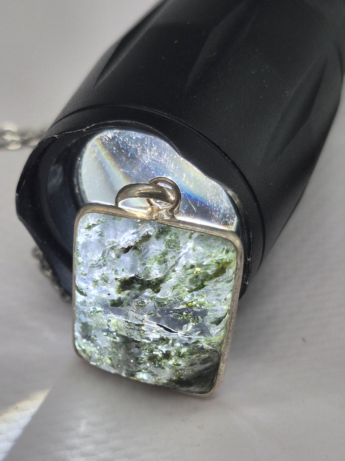 Clear Quartz with Green Tourmaline Inclusions Crystal Silver 925 Necklace