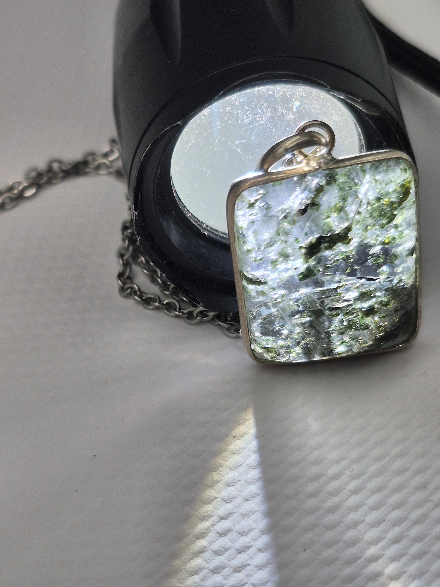 Clear Quartz with Green Tourmaline Inclusions Crystal Silver 925 Necklace
