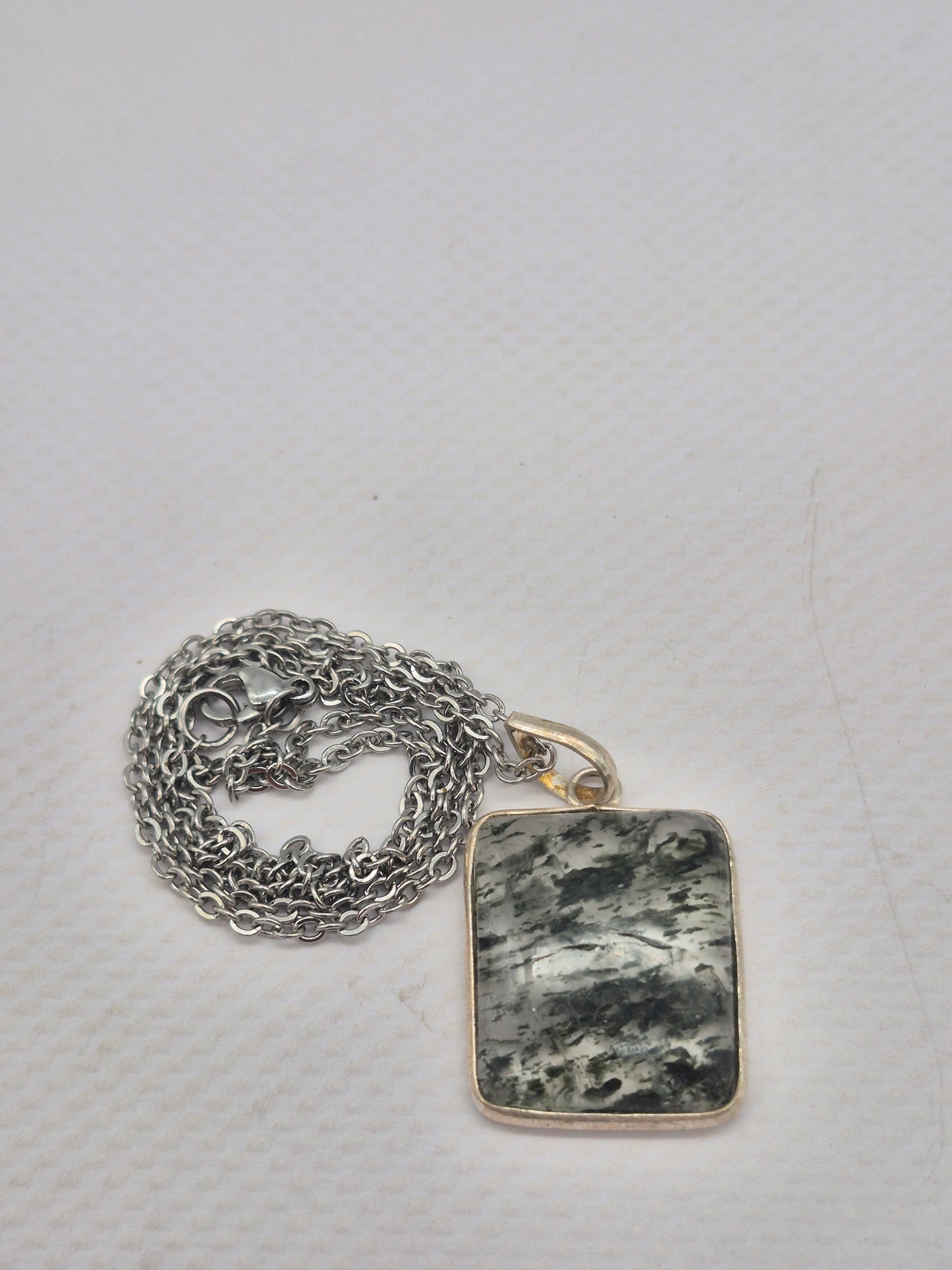 Clear Quartz with Green Tourmaline Inclusions Crystal Silver 925 Necklace