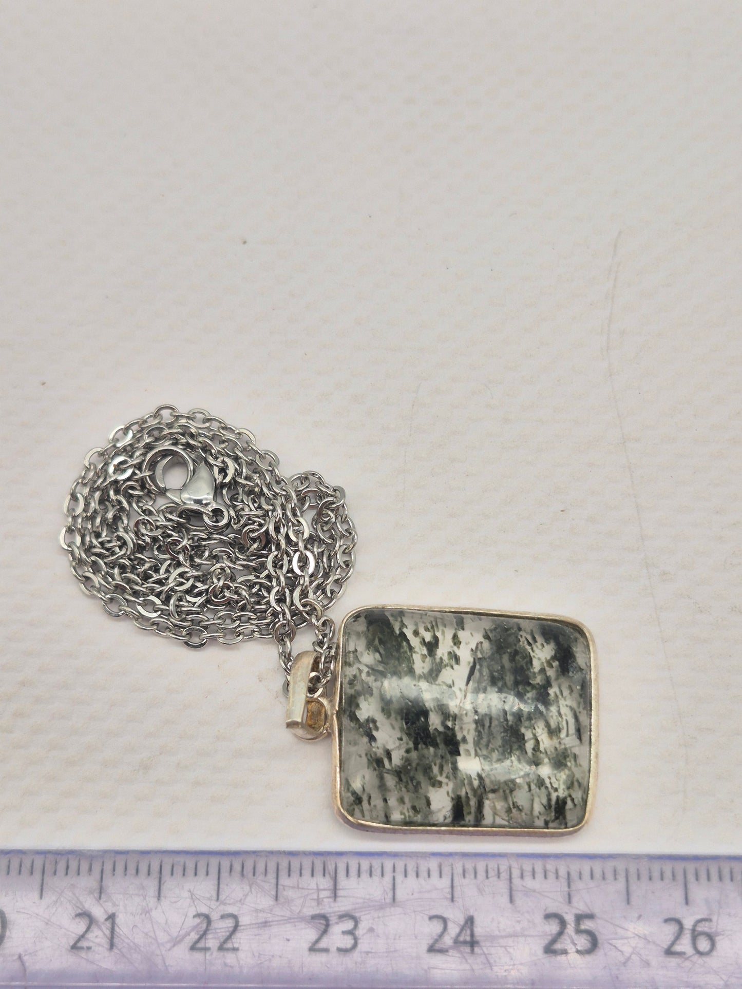 Clear Quartz with Green Tourmaline Inclusions Crystal Silver 925 Necklace