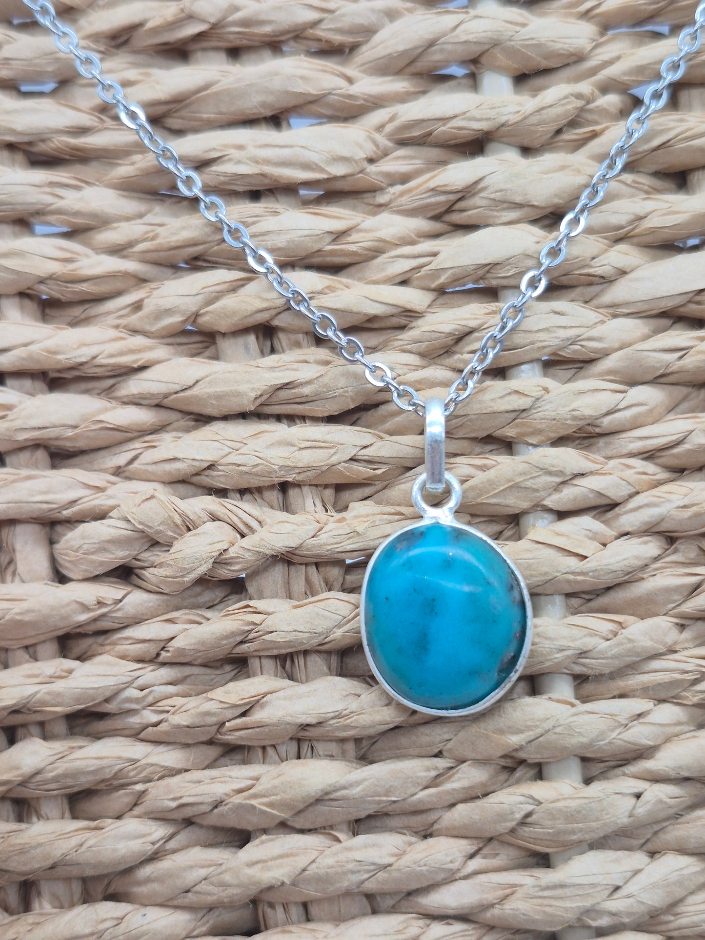 Authentic Natural Turquoise Silver Necklace with Steel Chain