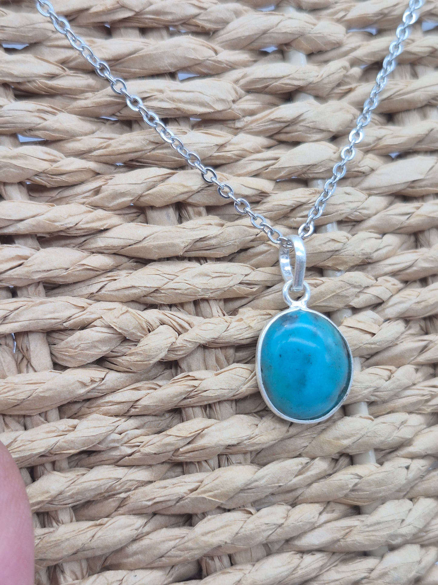 Authentic Natural Turquoise Silver Necklace with Steel Chain