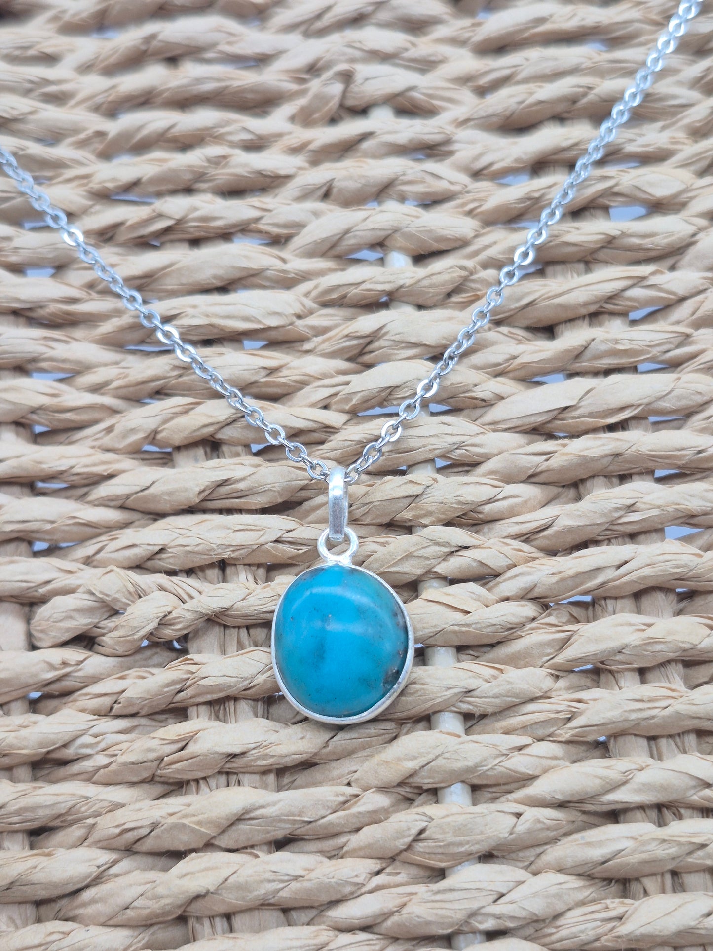 Authentic Natural Turquoise Silver Necklace with Steel Chain