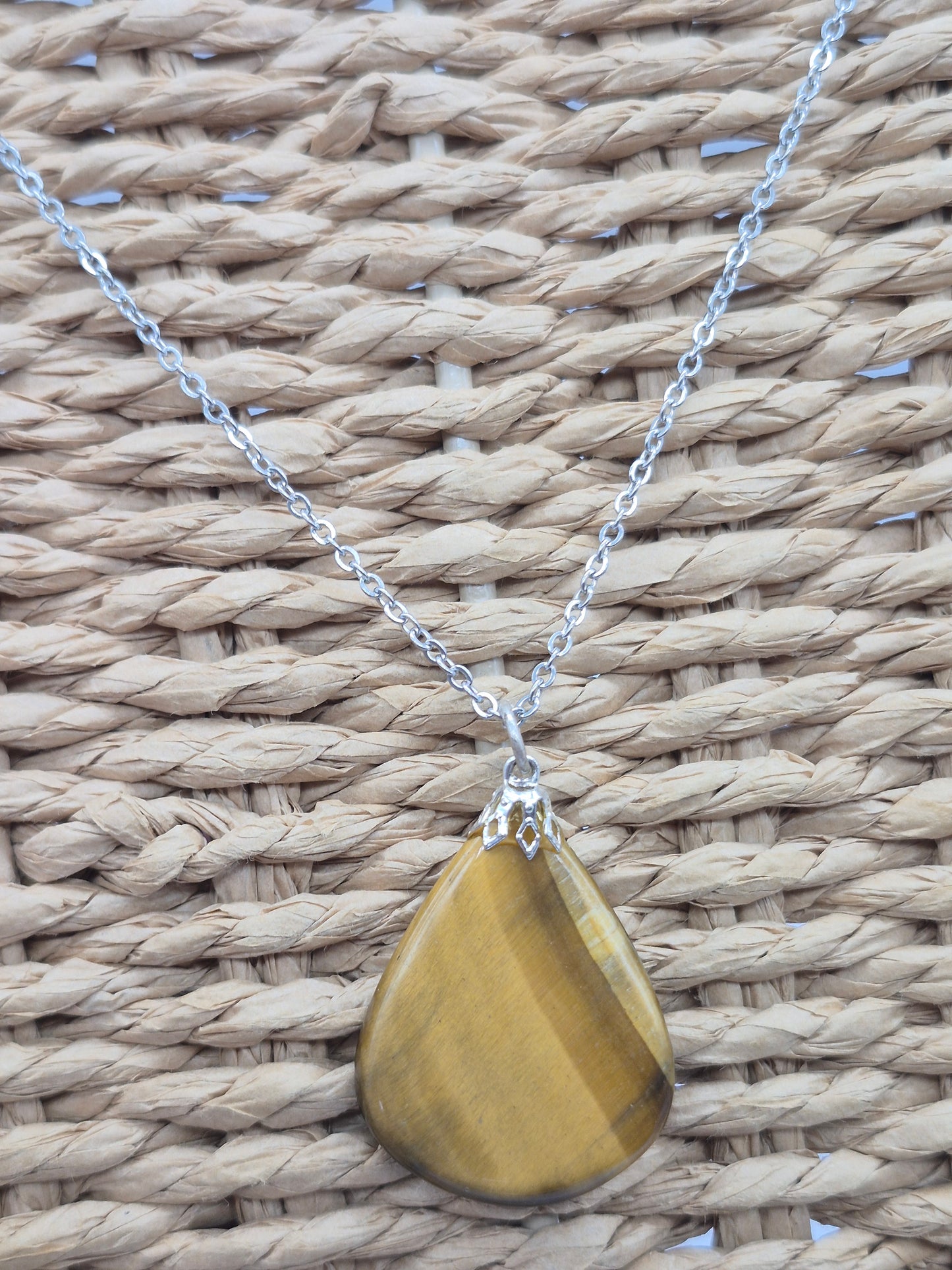 Handmade Yellow Tiger's Eye Teardrop Pendant: Stailnless steel Chain, Healing Crystal