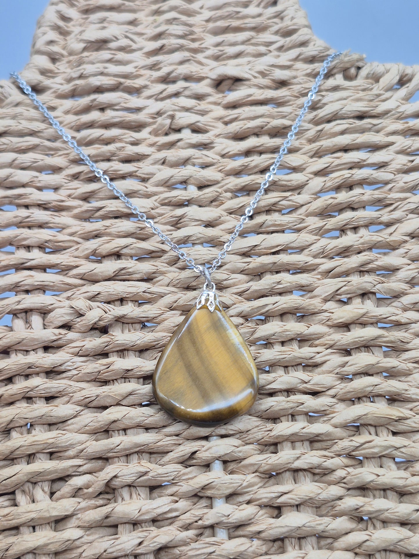 Handmade Yellow Tiger's Eye Teardrop Pendant: Stailnless steel Chain, Healing Crystal