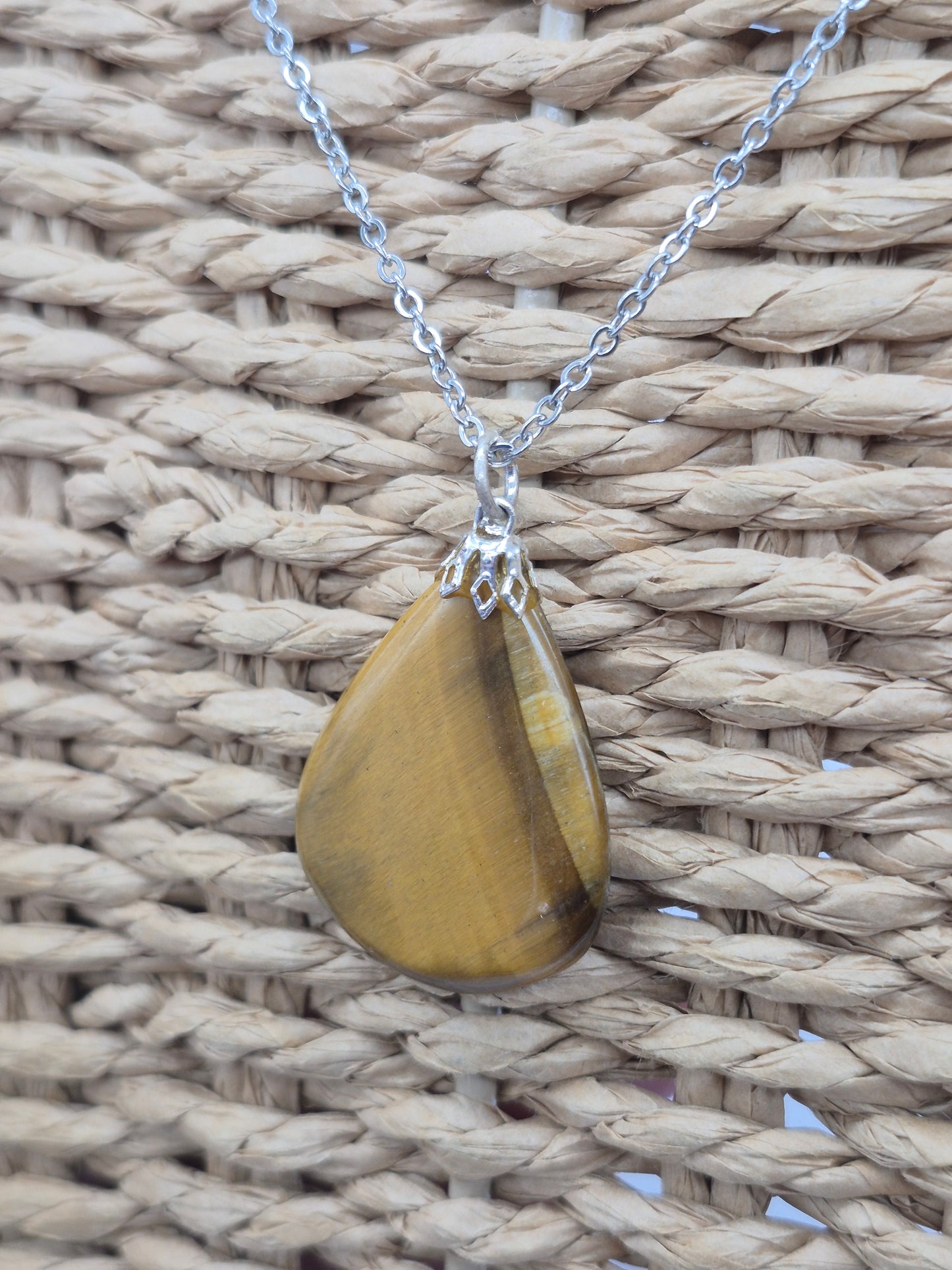 Handmade Yellow Tiger's Eye Teardrop Pendant: Stailnless steel Chain, Healing Crystal