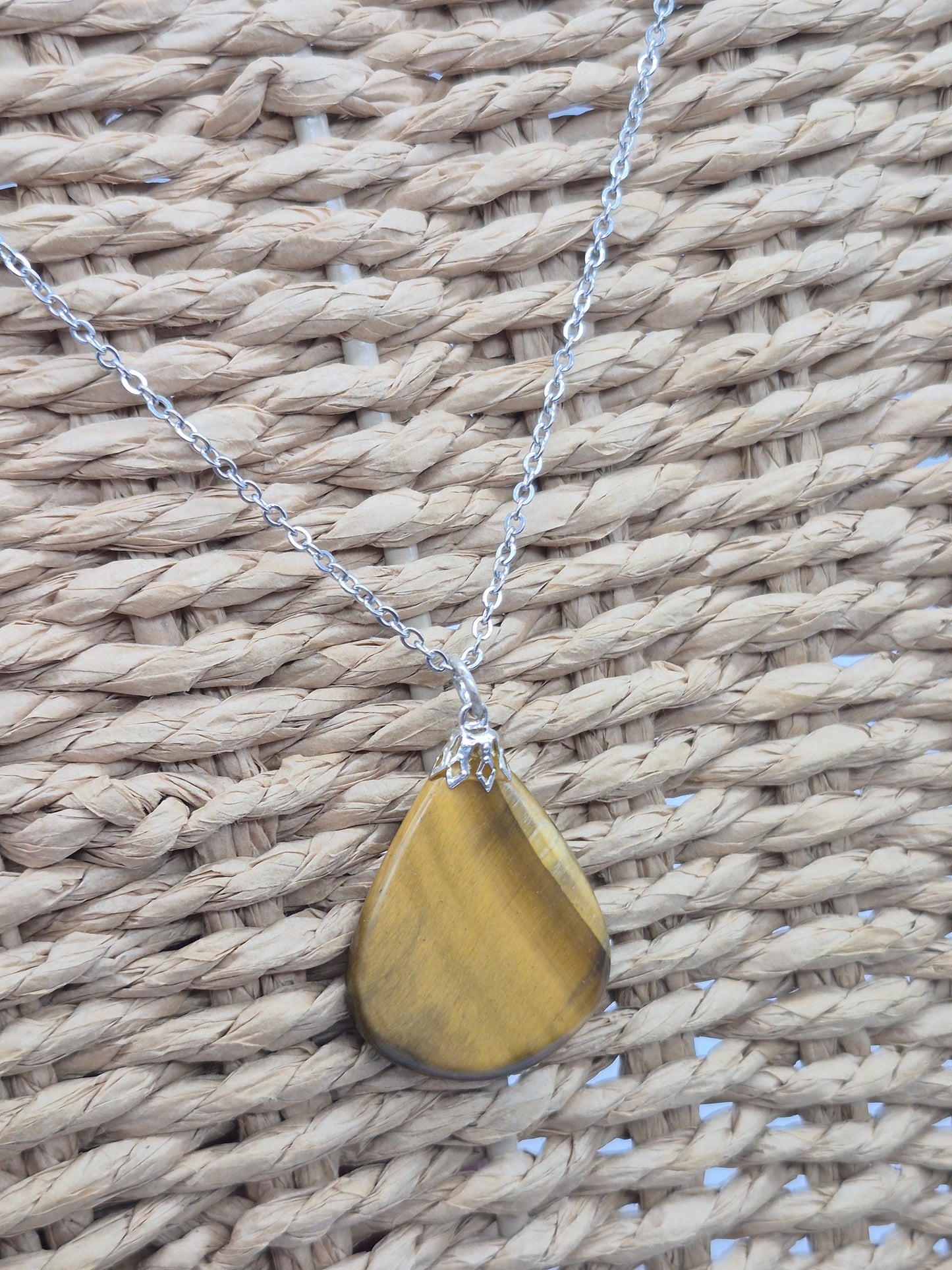 Handmade Yellow Tiger's Eye Teardrop Pendant: Stailnless steel Chain, Healing Crystal