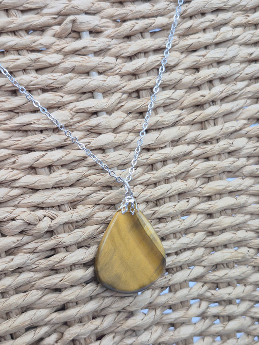 Handmade Yellow Tiger's Eye Teardrop Pendant: Stailnless steel Chain, Healing Crystal