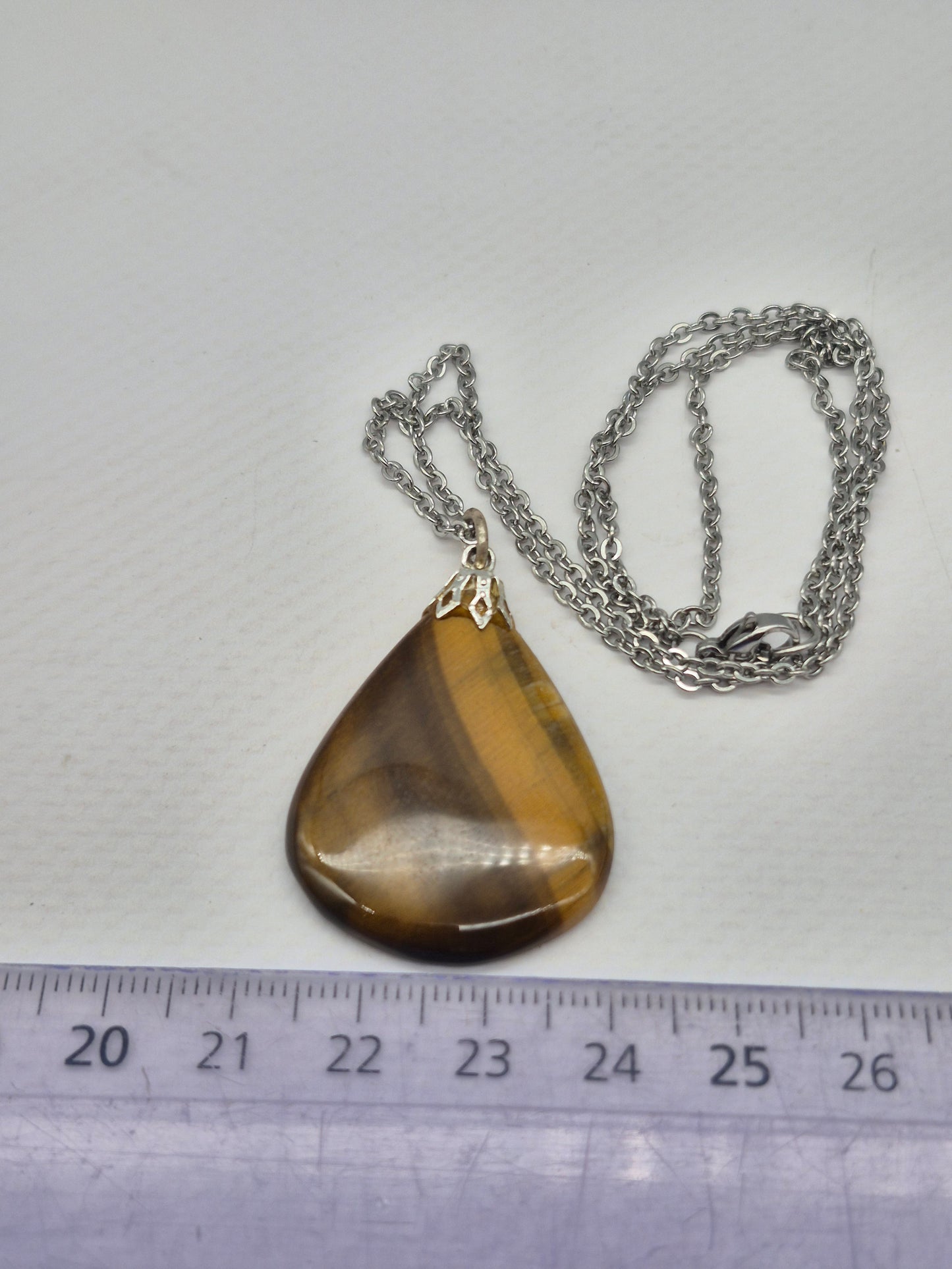 Handmade Yellow Tiger's Eye Teardrop Pendant: Stailnless steel Chain, Healing Crystal