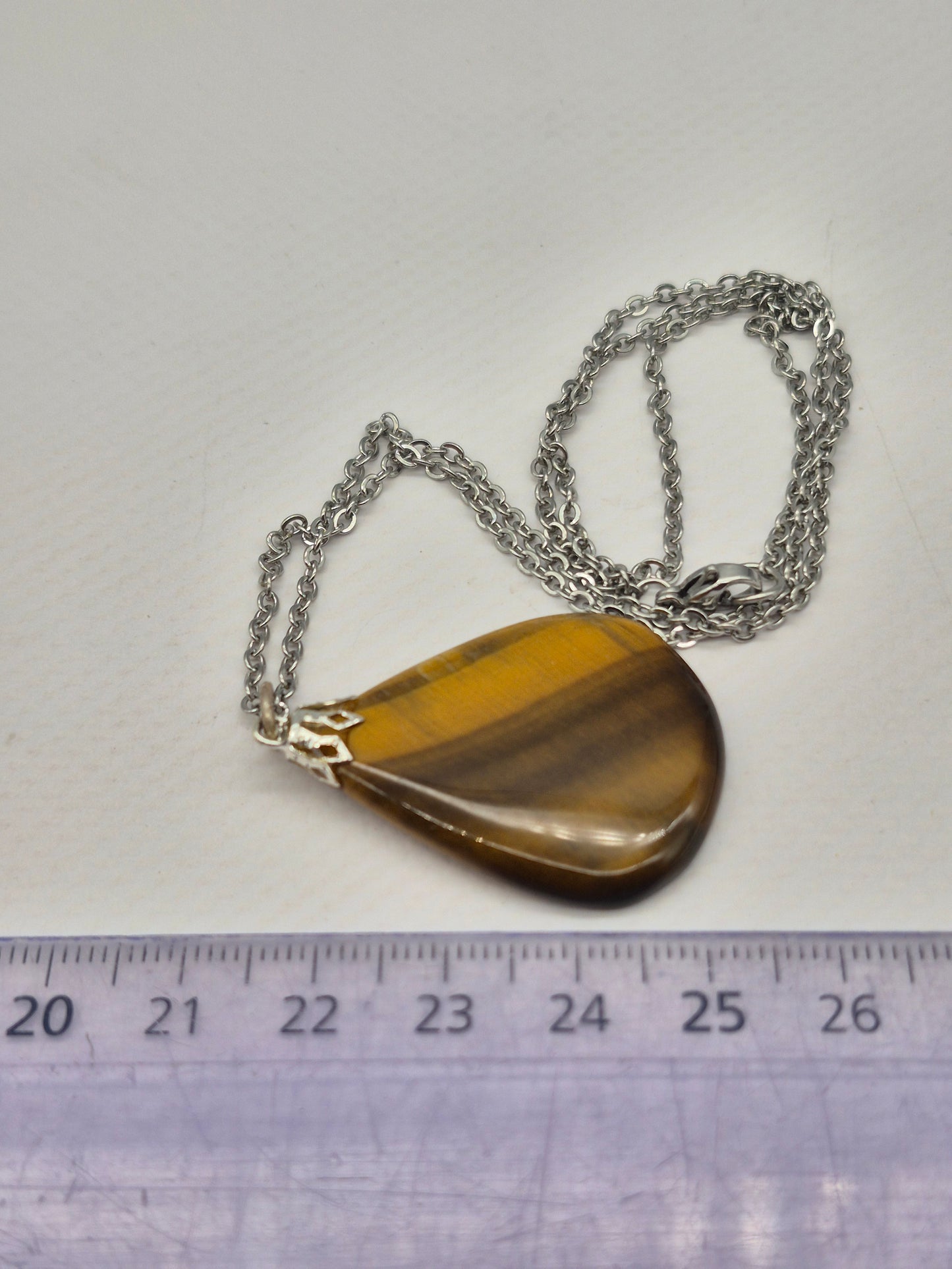 Handmade Yellow Tiger's Eye Teardrop Pendant: Stailnless steel Chain, Healing Crystal