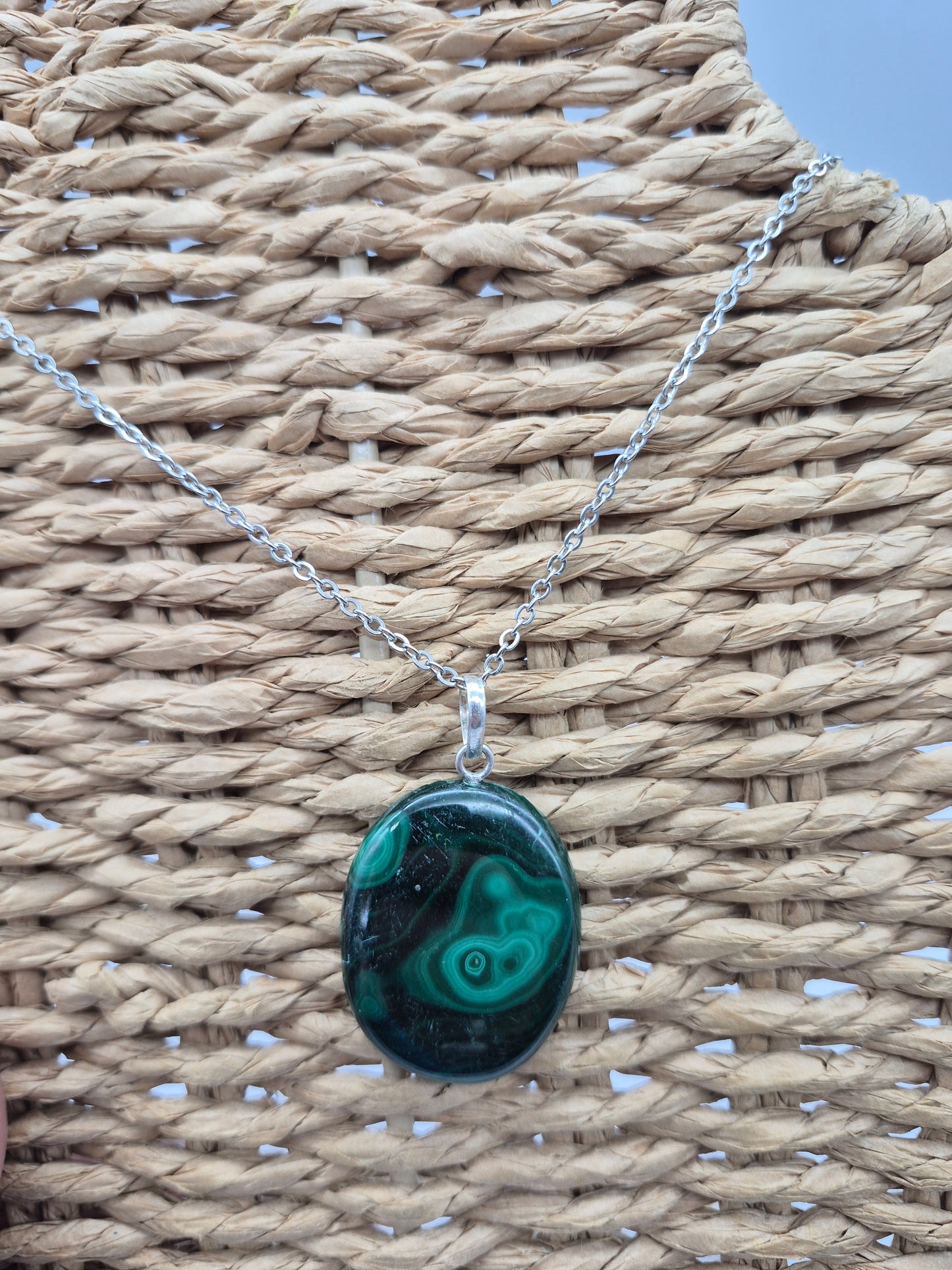 Handmade Malachite Oval Pendant: Stailnless steel Chain, Healing Crystal