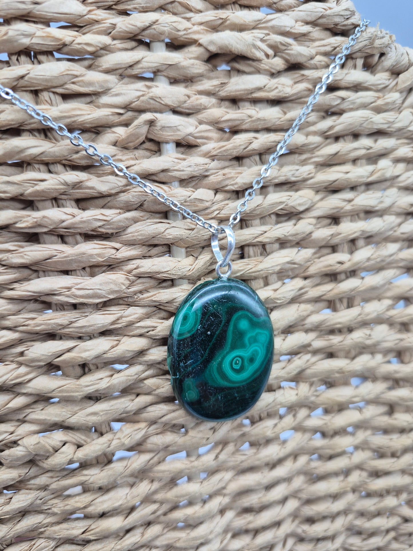 Handmade Malachite Oval Pendant: Stailnless steel Chain, Healing Crystal