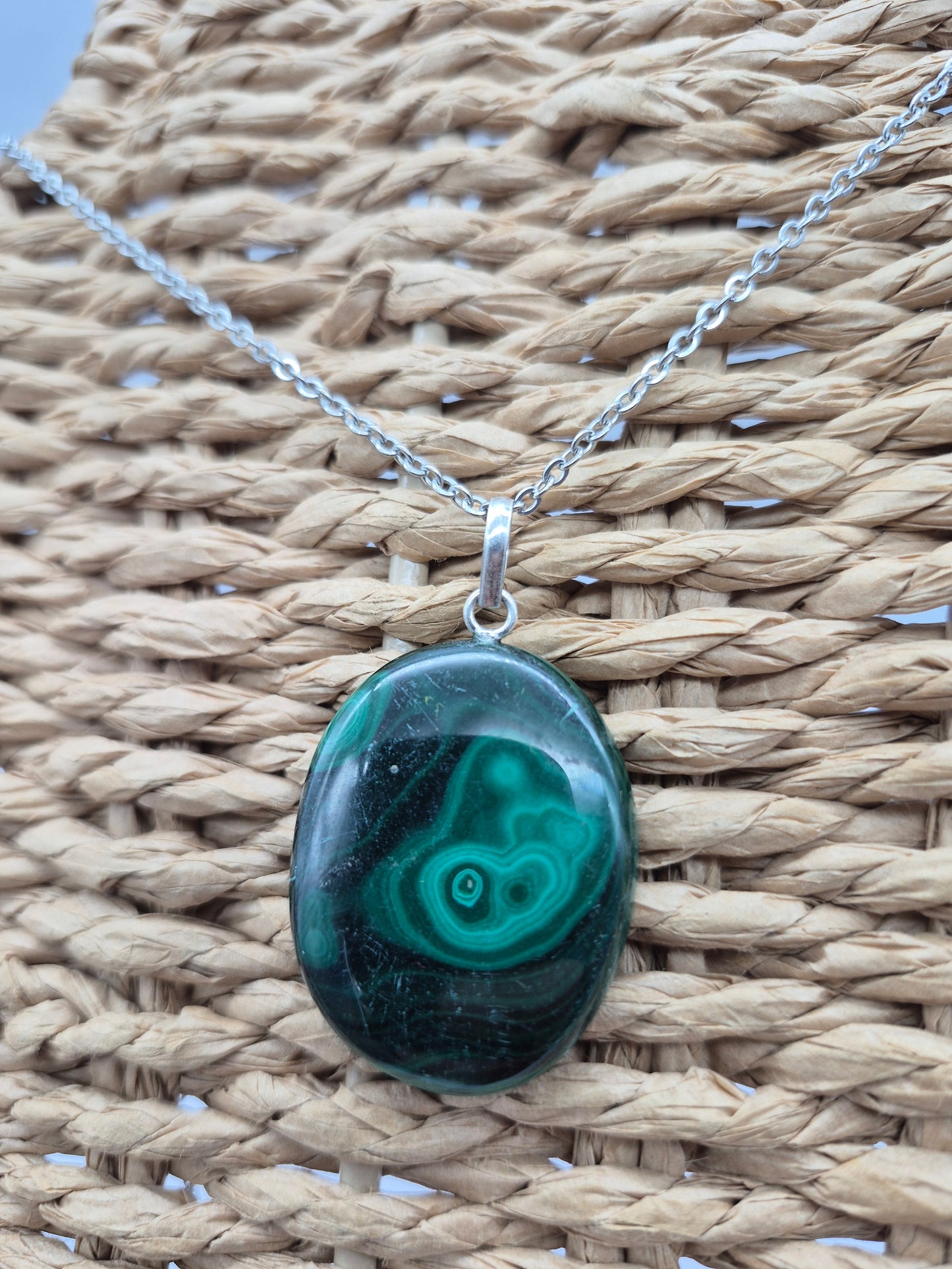 Handmade Malachite Oval Pendant: Stailnless steel Chain, Healing Crystal