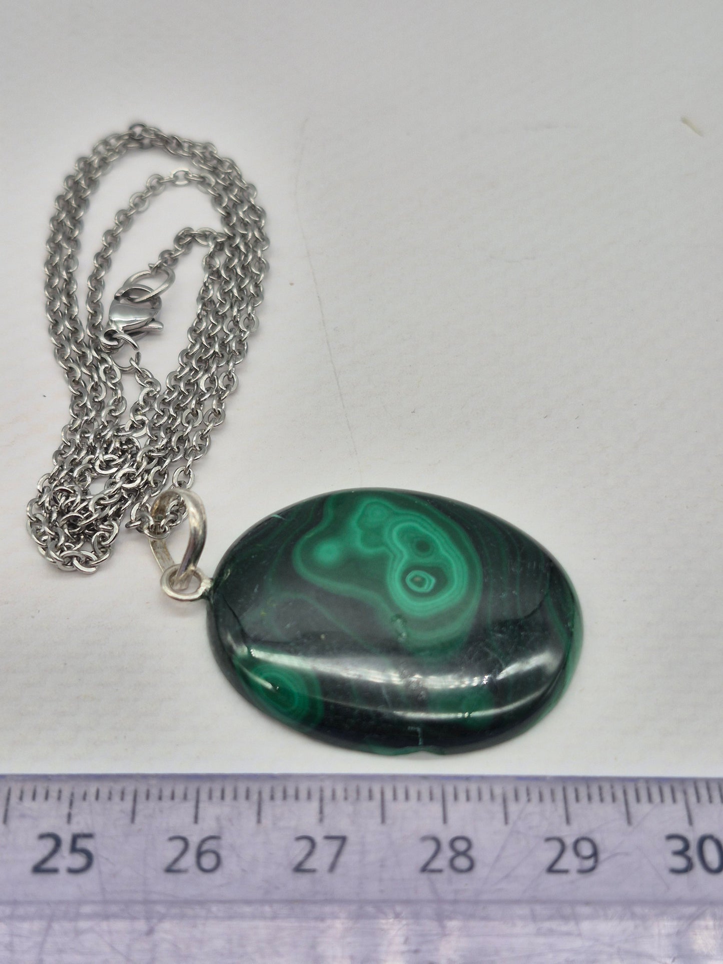 Handmade Malachite Oval Pendant: Stailnless steel Chain, Healing Crystal