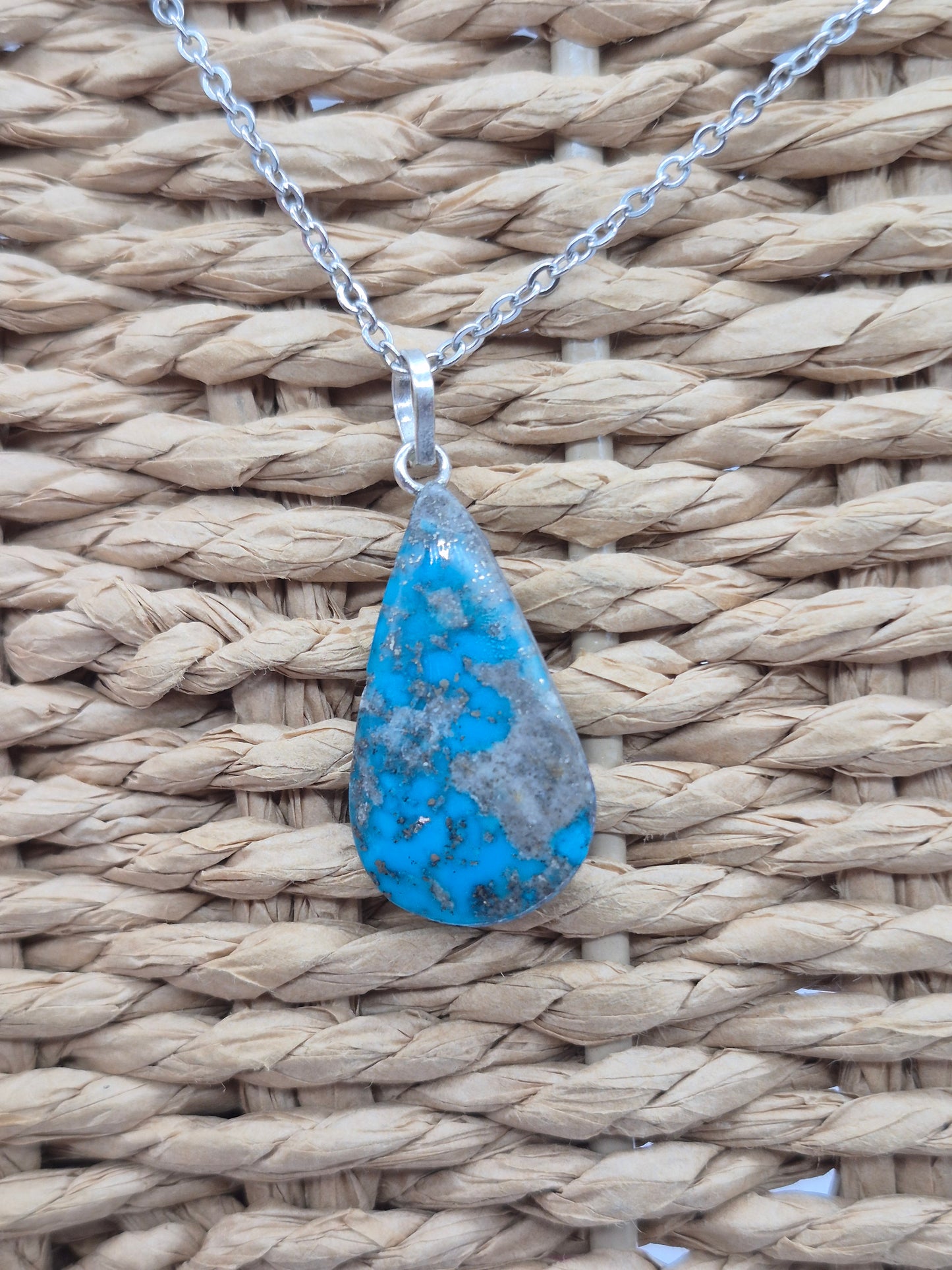 Authentic Natural Turquoise Teardrop Pendant: Stailnless steel Chain, Healing Crystal