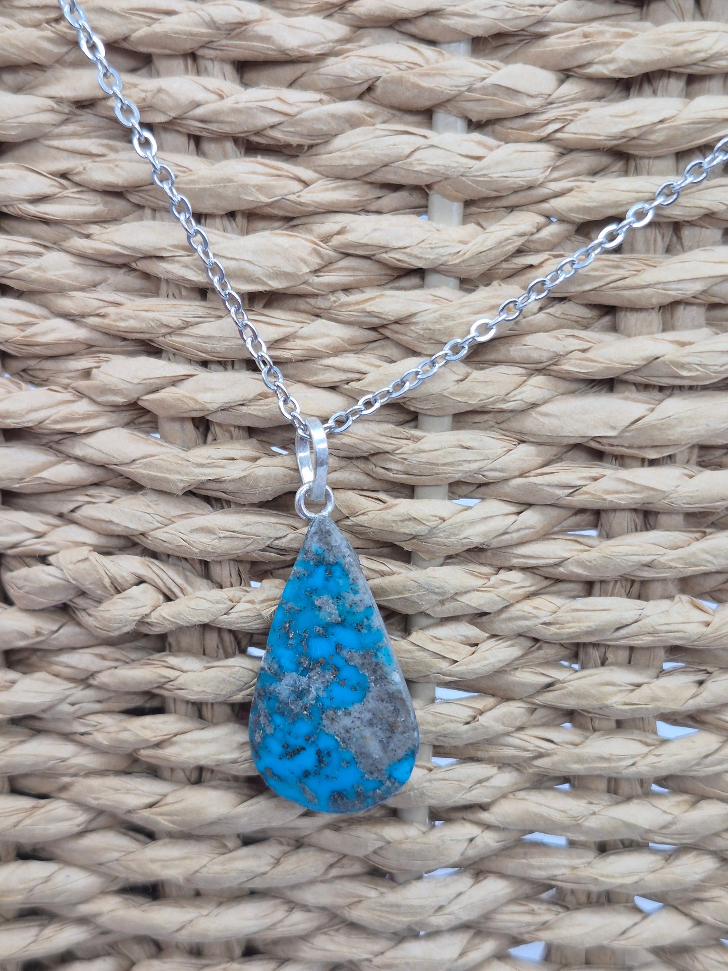 Authentic Natural Turquoise Teardrop Pendant: Stailnless steel Chain, Healing Crystal