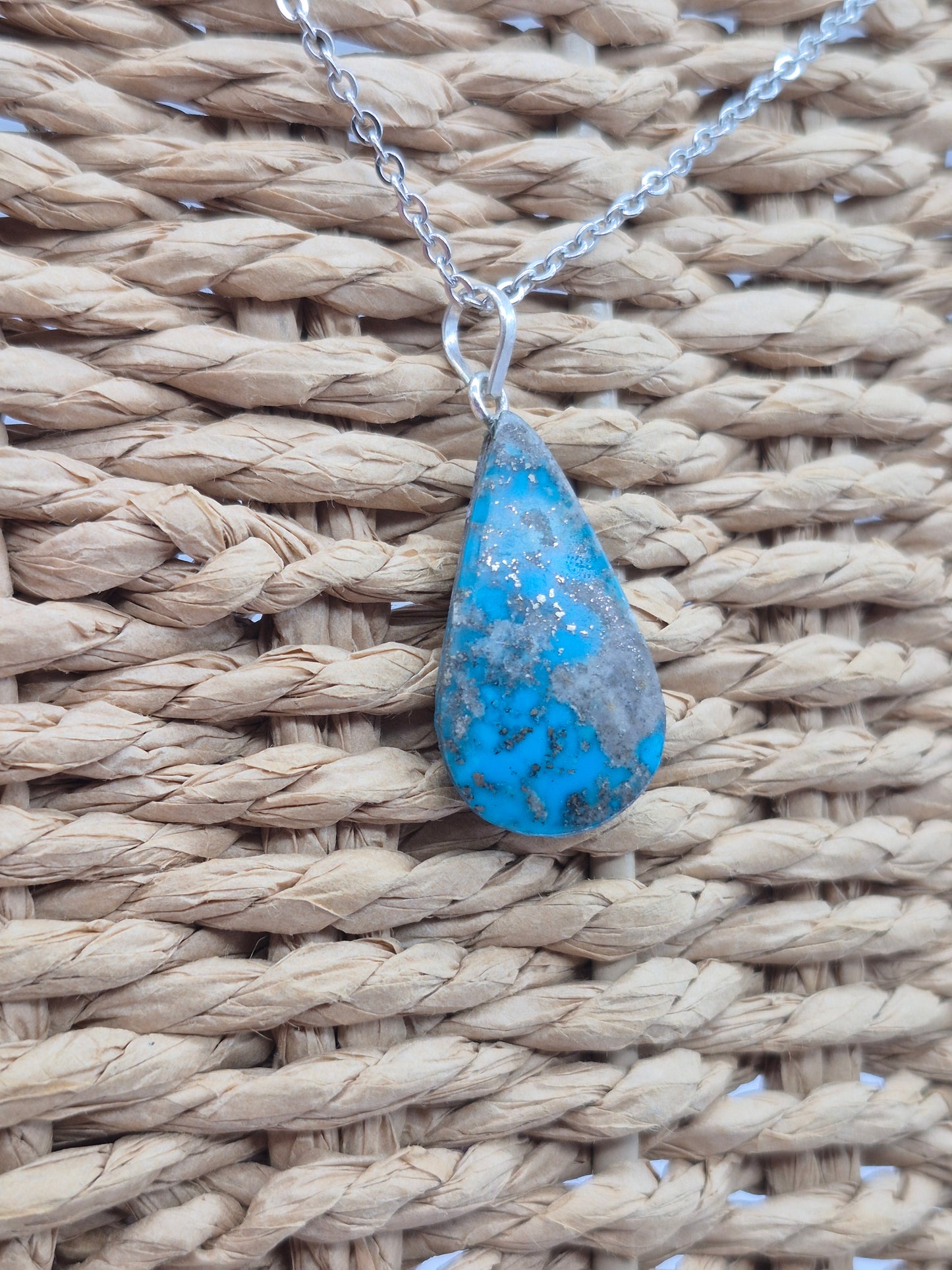 Authentic Natural Turquoise Teardrop Pendant: Stailnless steel Chain, Healing Crystal