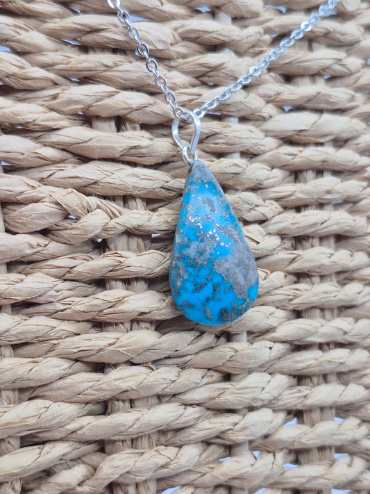 Authentic Natural Turquoise Teardrop Pendant: Stailnless steel Chain, Healing Crystal