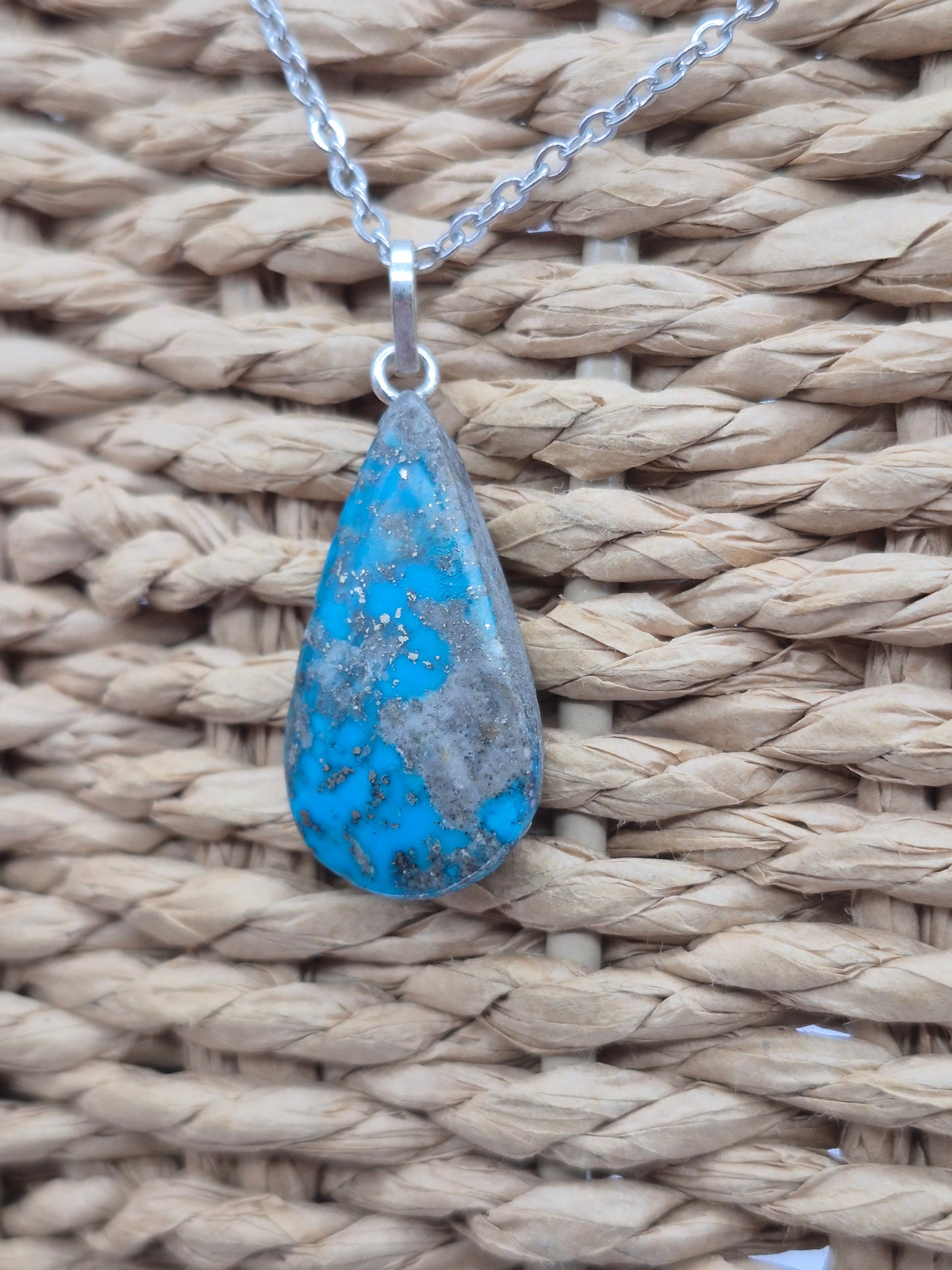 Authentic Natural Turquoise Teardrop Pendant: Stailnless steel Chain, Healing Crystal