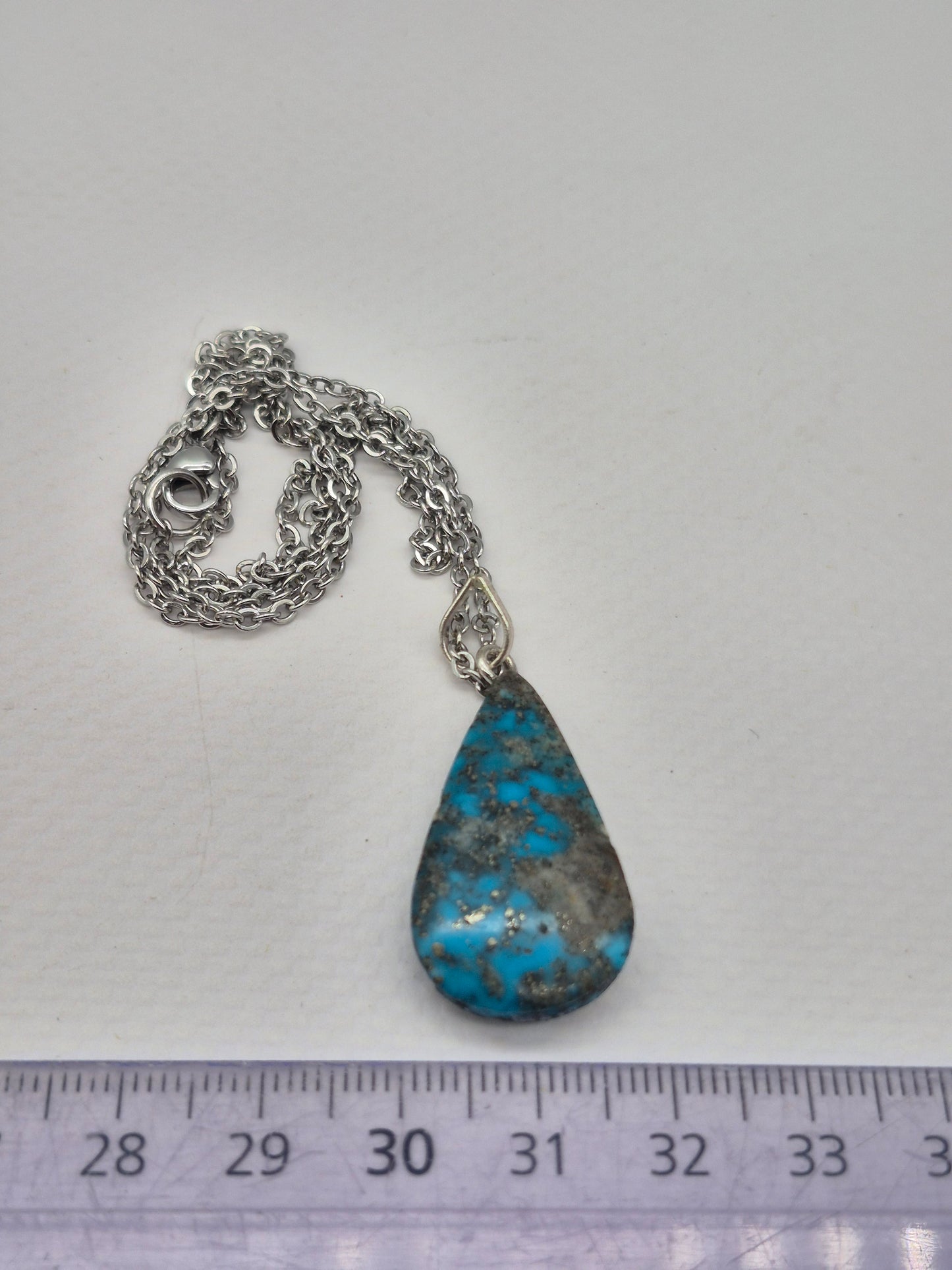 Authentic Natural Turquoise Teardrop Pendant: Stailnless steel Chain, Healing Crystal