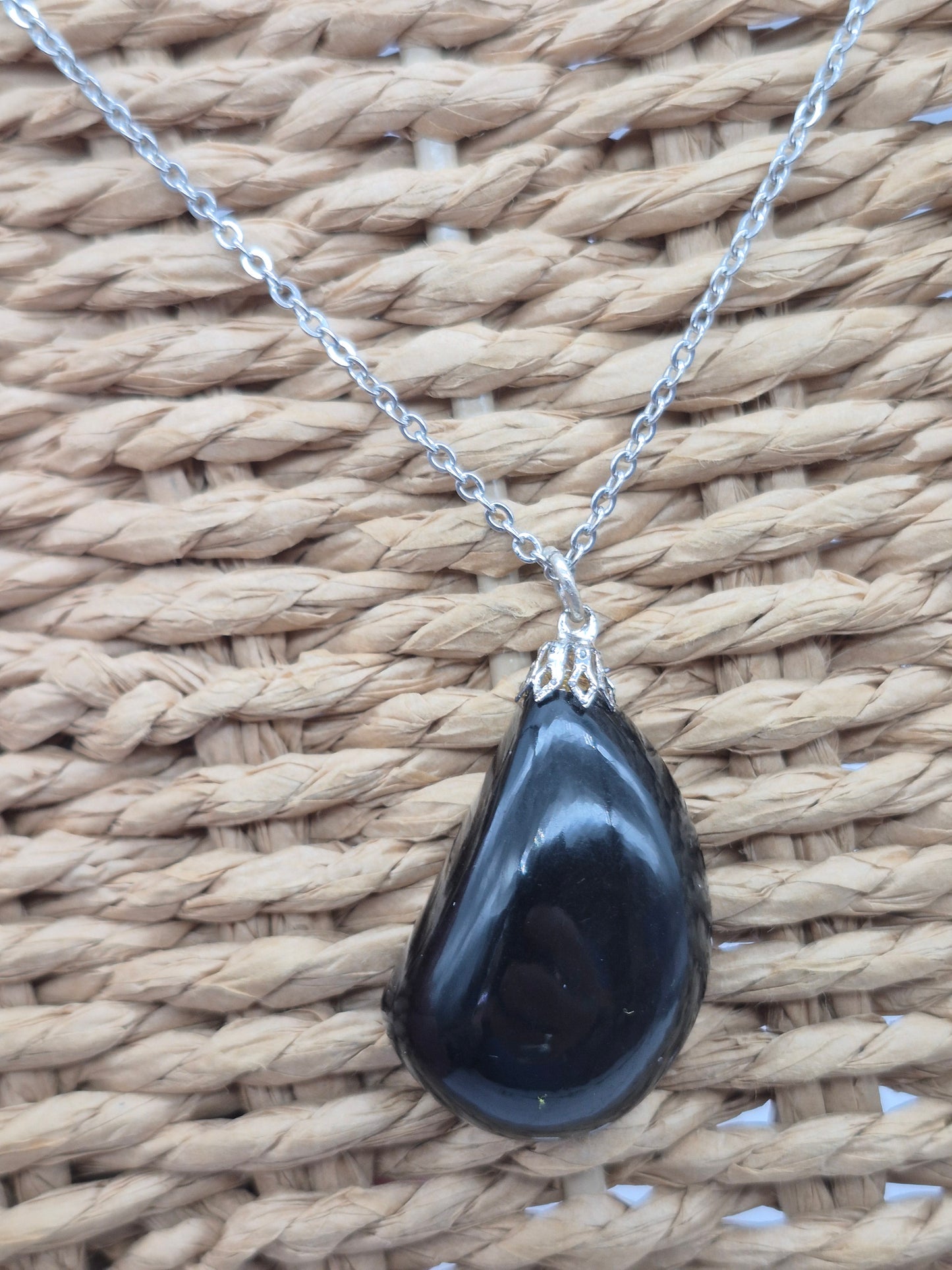 Black Obsidian Pendant Silver Hoop, Stailnless steel Chain, Healing Crystal