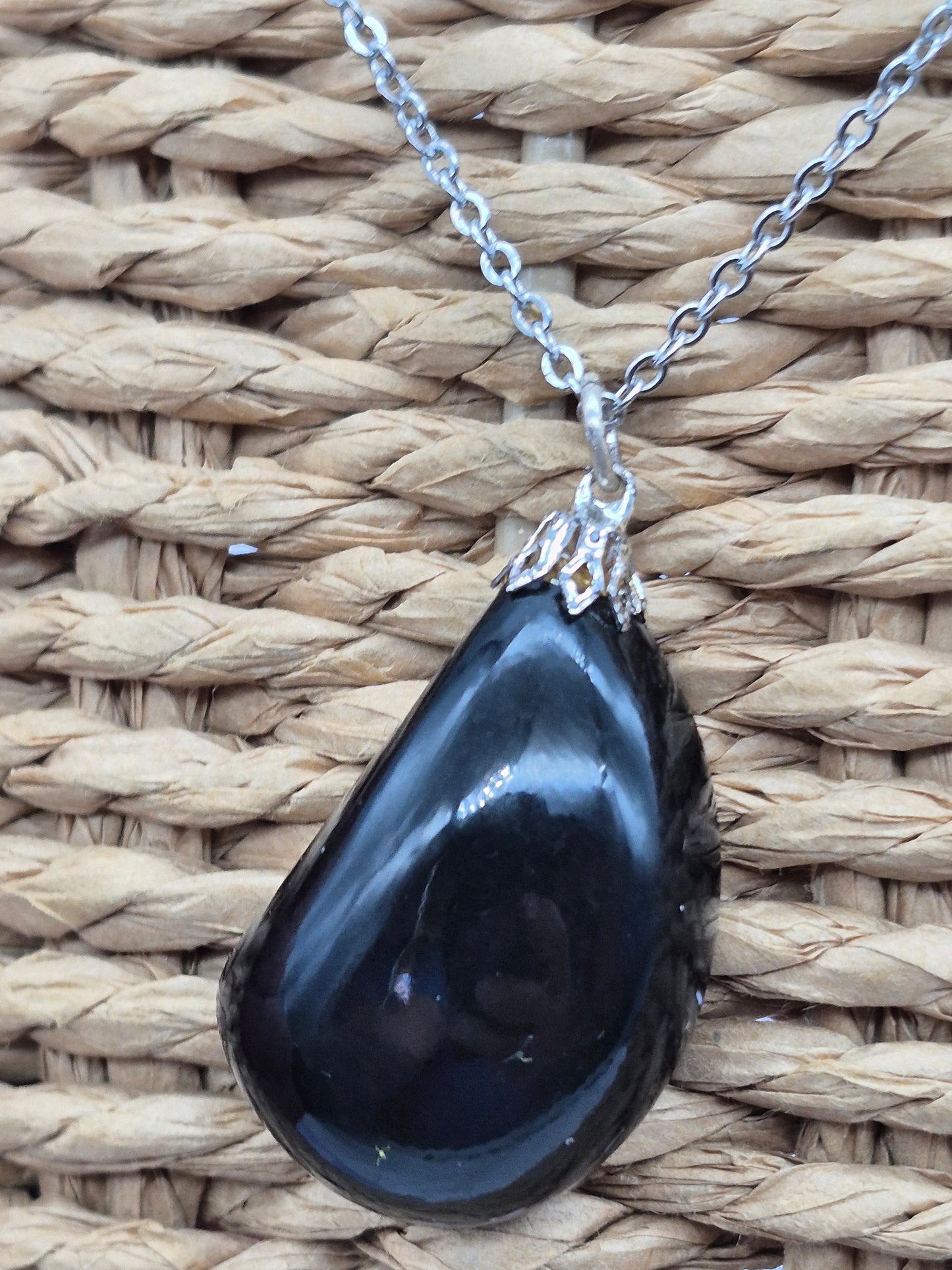 Black Obsidian Pendant Silver Hoop, Stailnless steel Chain, Healing Crystal