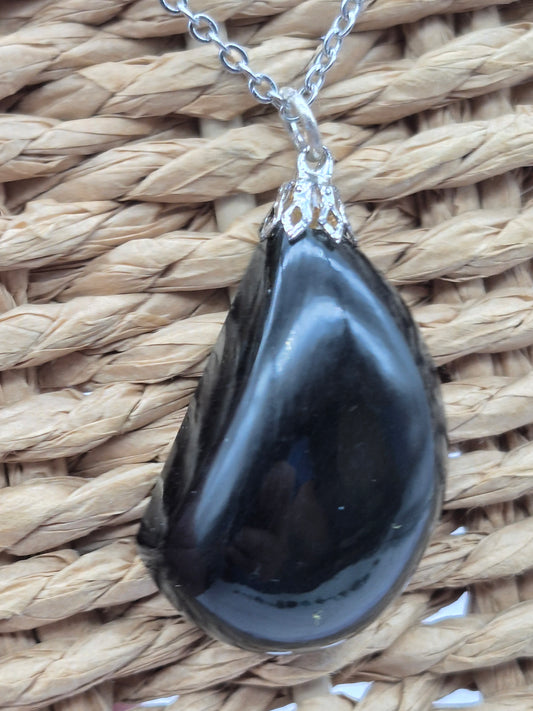 Black Obsidian Pendant Silver Hoop, Stailnless steel Chain, Healing Crystal