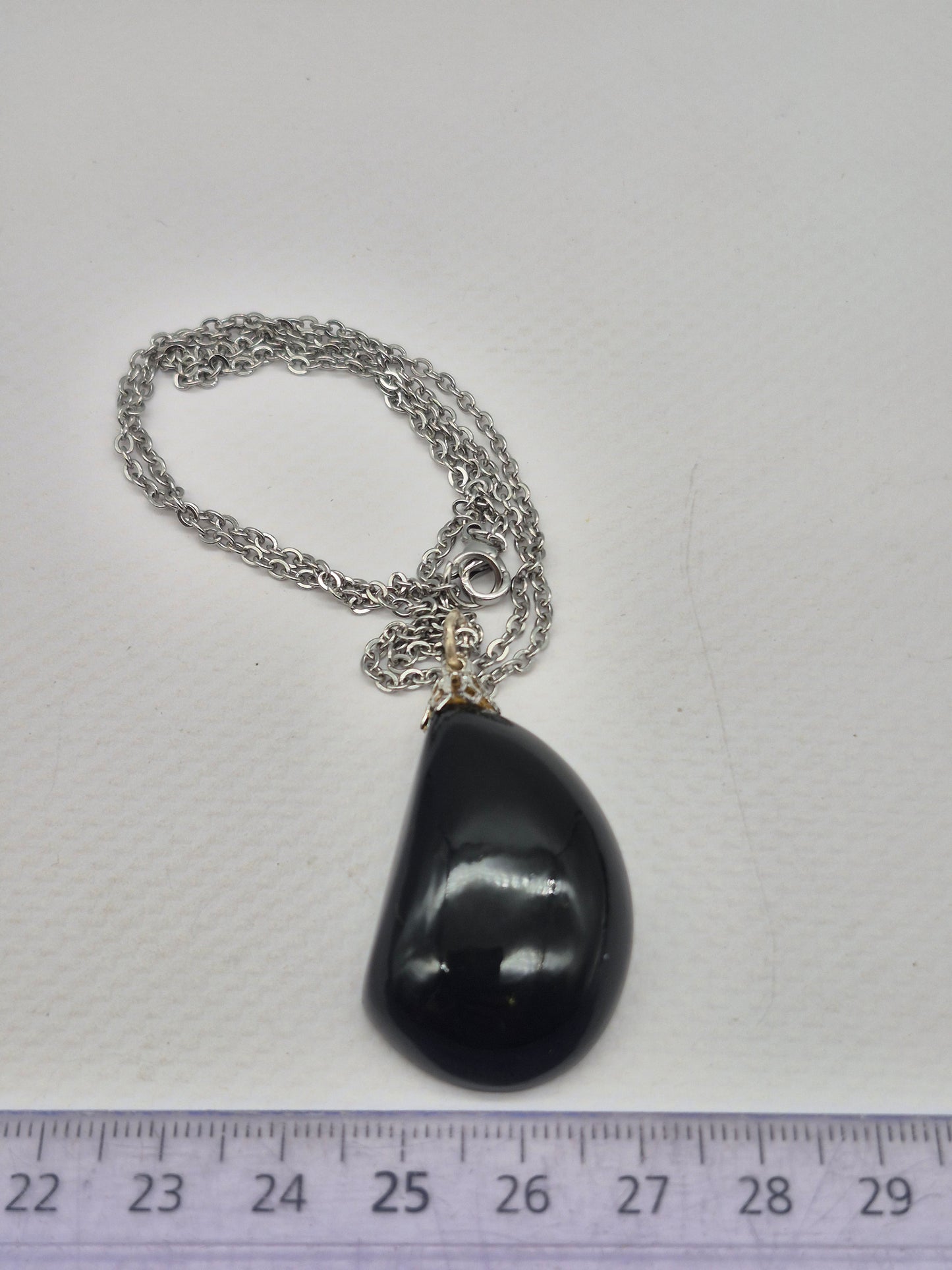 Black Obsidian Pendant Silver Hoop, Stailnless steel Chain, Healing Crystal