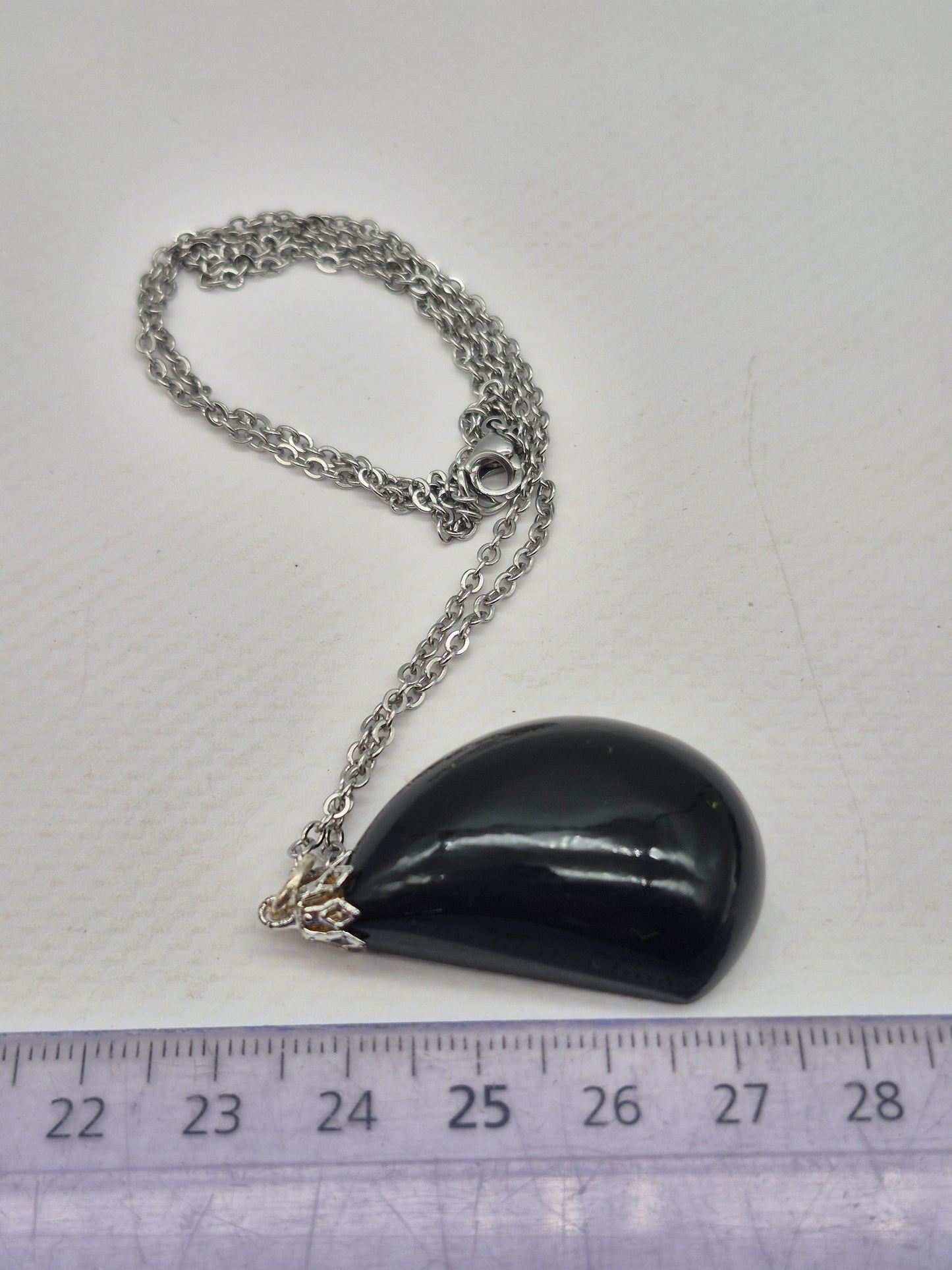 Black Obsidian Pendant Silver Hoop, Stailnless steel Chain, Healing Crystal