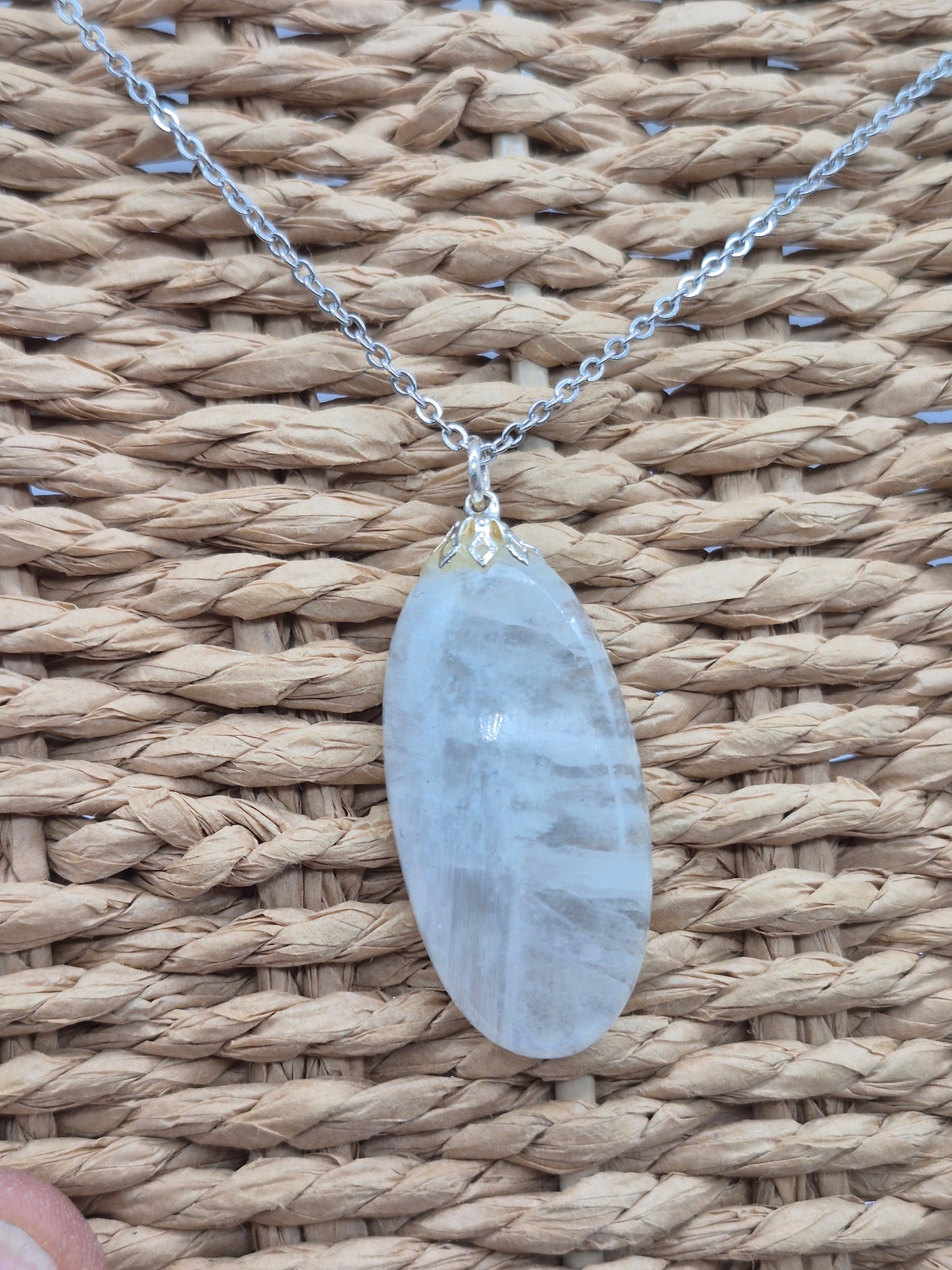 Moonstone Pendant Oval Shaped Silver Hoop, Stailnless steel Chain, Healing Crystal