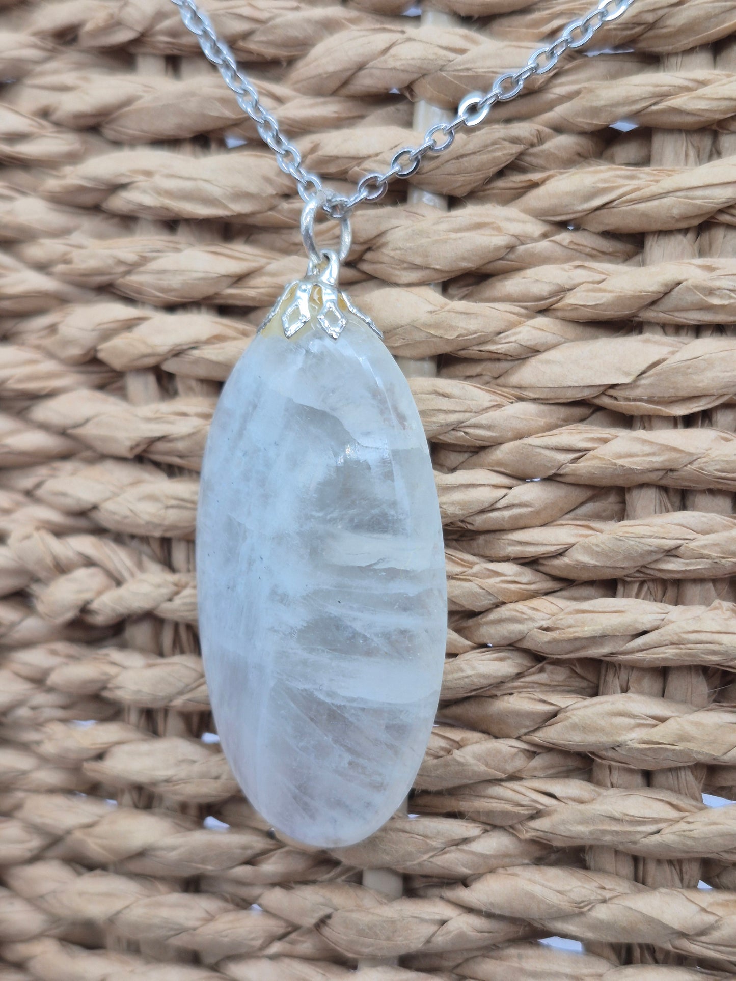 Moonstone Pendant Oval Shaped Silver Hoop, Stailnless steel Chain, Healing Crystal