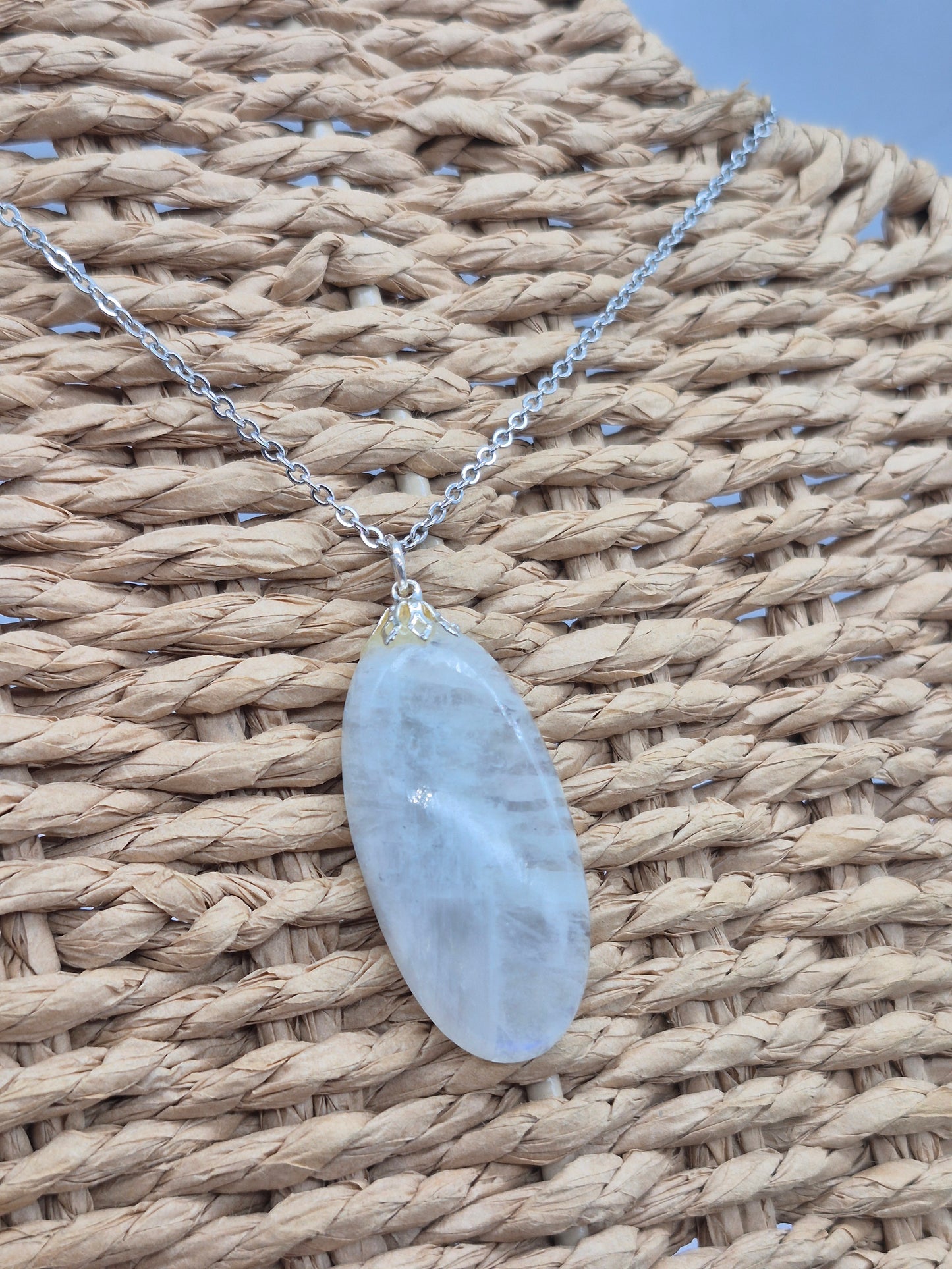 Moonstone Pendant Oval Shaped Silver Hoop, Stailnless steel Chain, Healing Crystal
