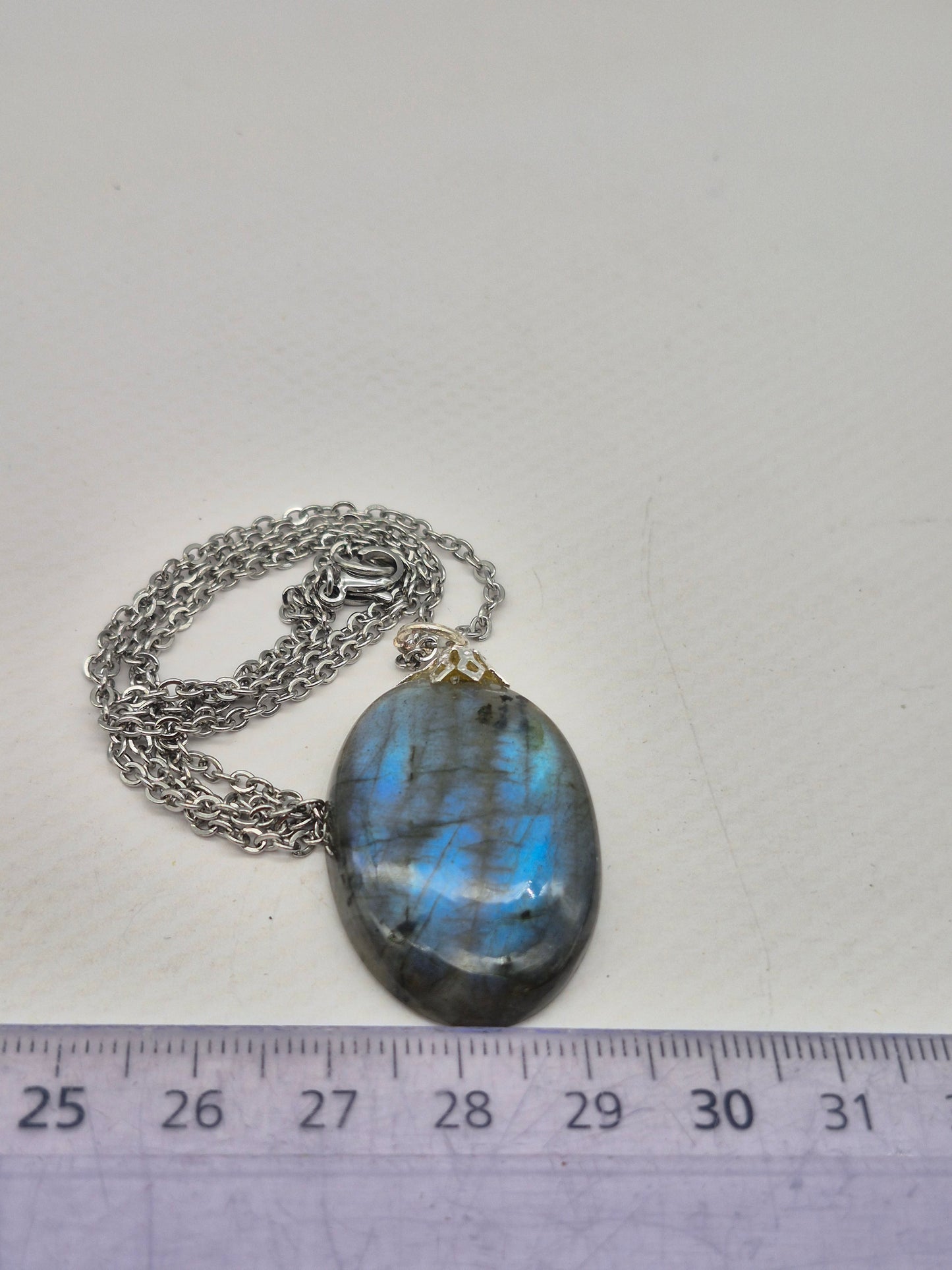 Labradorite Pendant Oval Shaped Silver Hoop, Stailnless steel Chain, Healing Crystal