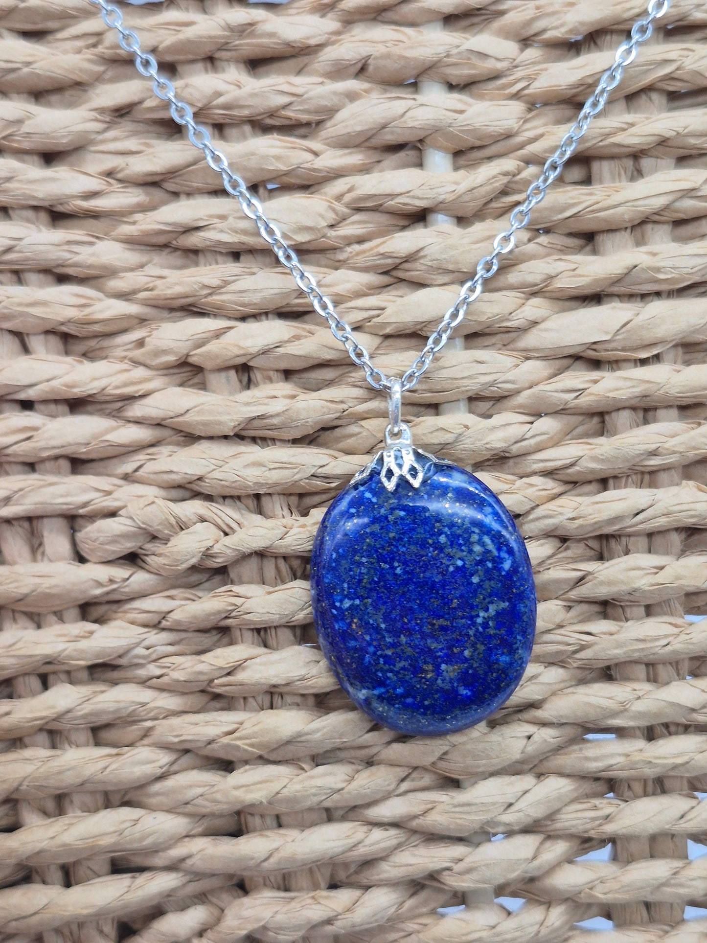 Lapi Lazuli Pendant Oval Shaped Silver Hook, Stailnless steel Chain, Healing Crystal