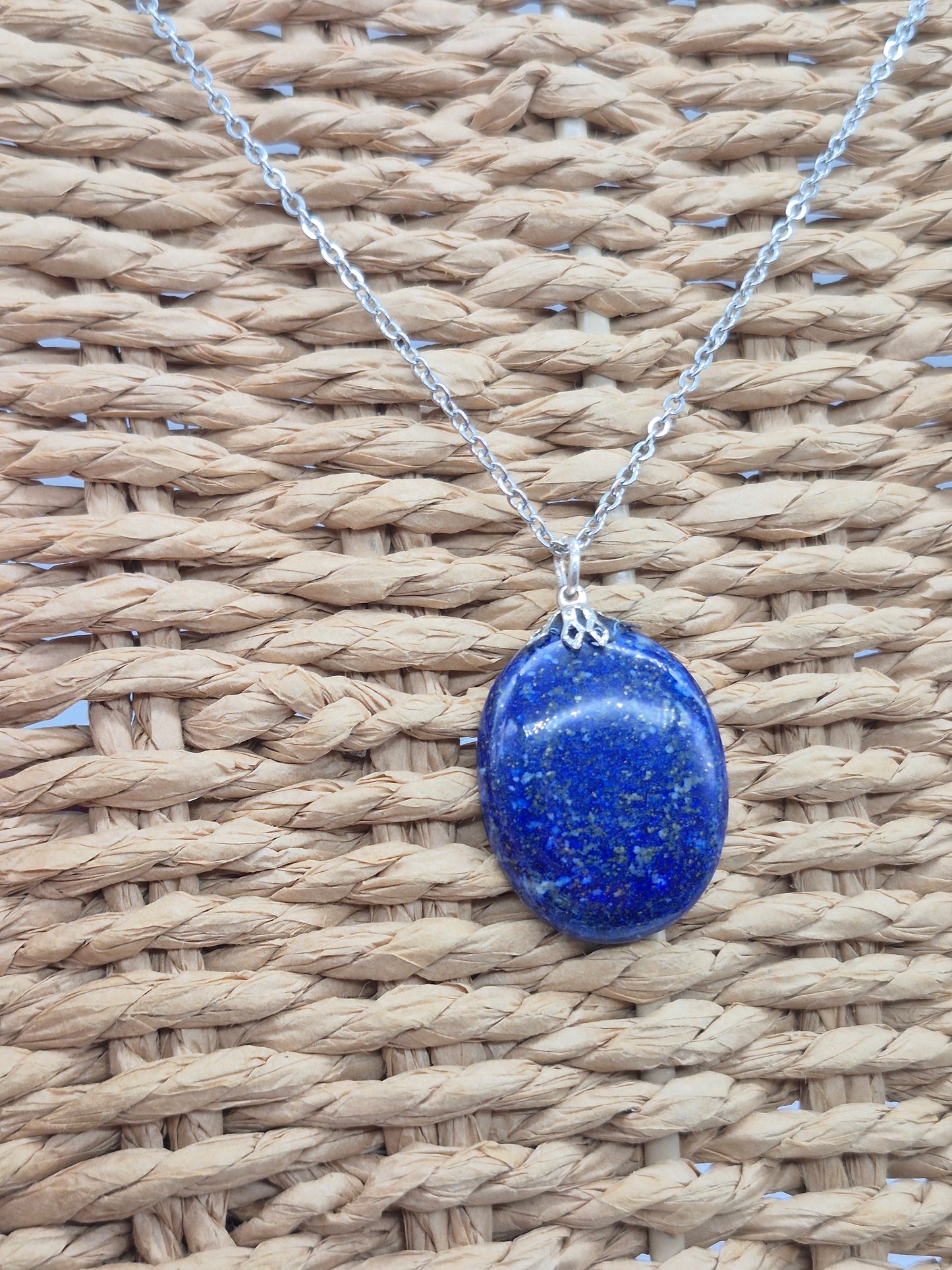 Lapi Lazuli Pendant Oval Shaped Silver Hook, Stailnless steel Chain, Healing Crystal