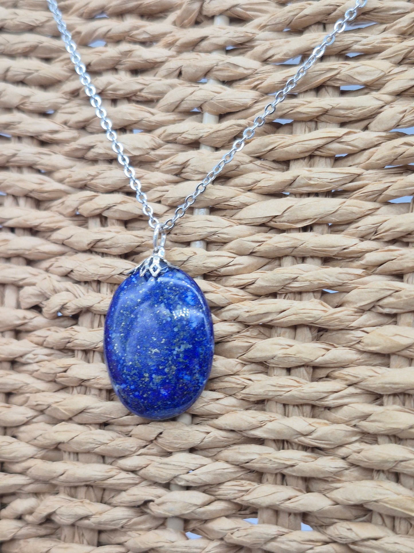 Lapi Lazuli Pendant Oval Shaped Silver Hook, Stailnless steel Chain, Healing Crystal