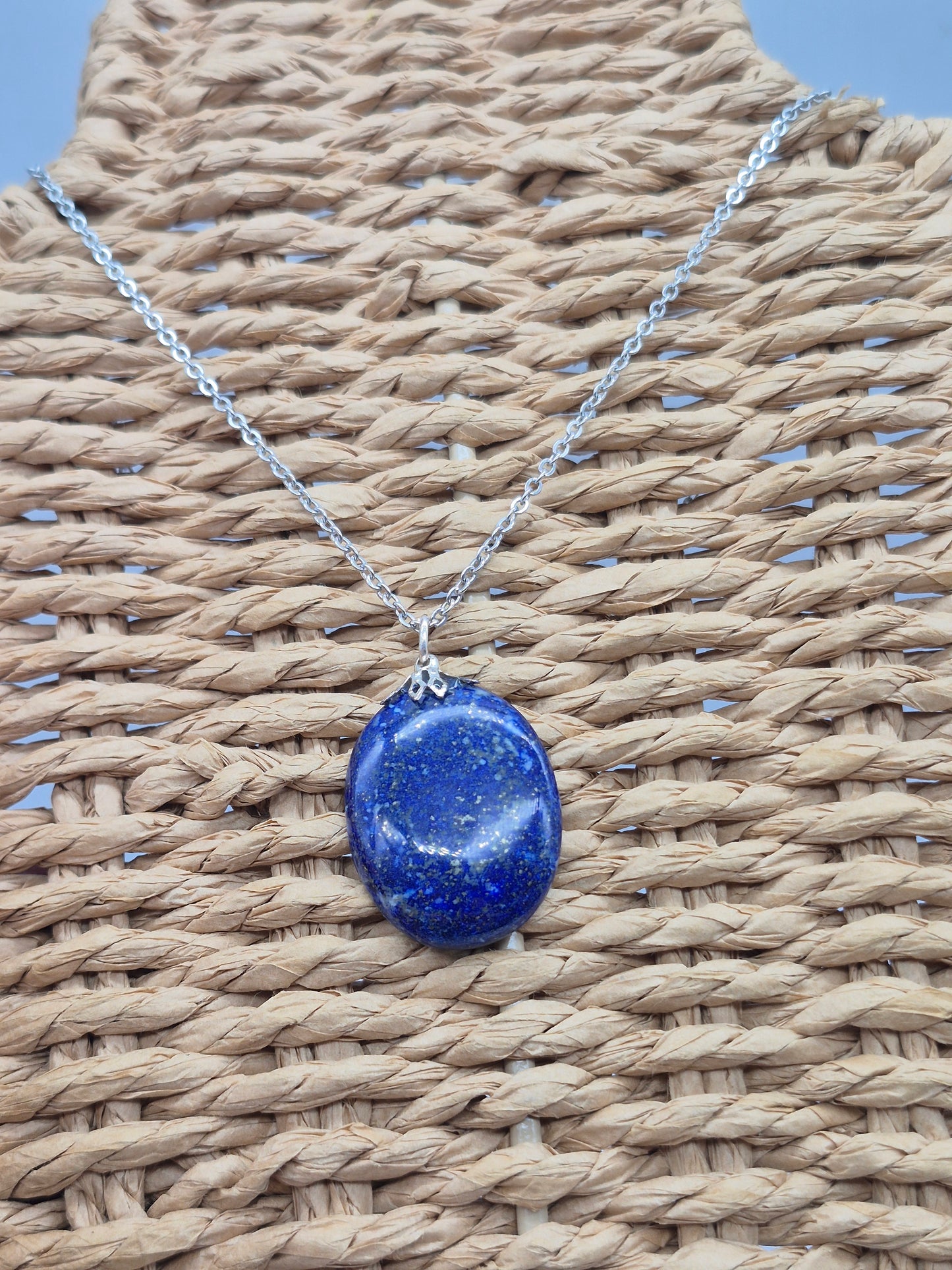 Lapi Lazuli Pendant Oval Shaped Silver Hook, Stailnless steel Chain, Healing Crystal