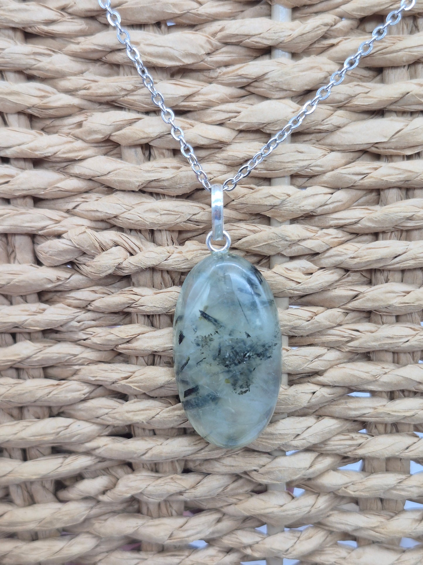 Prehnite Pendant Necklace with Green Tourmaline, Silver Hoop with Steel Chain