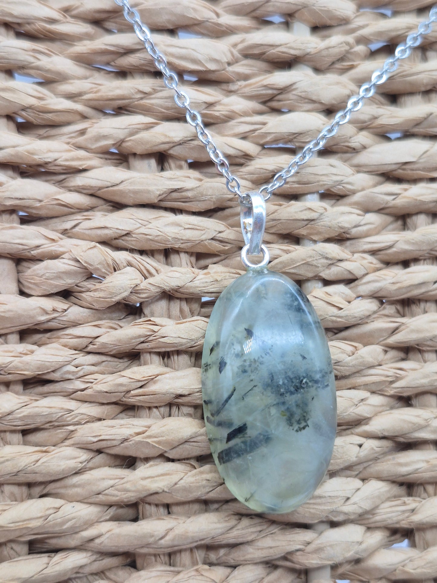 Prehnite Pendant Necklace with Green Tourmaline, Silver Hoop with Steel Chain